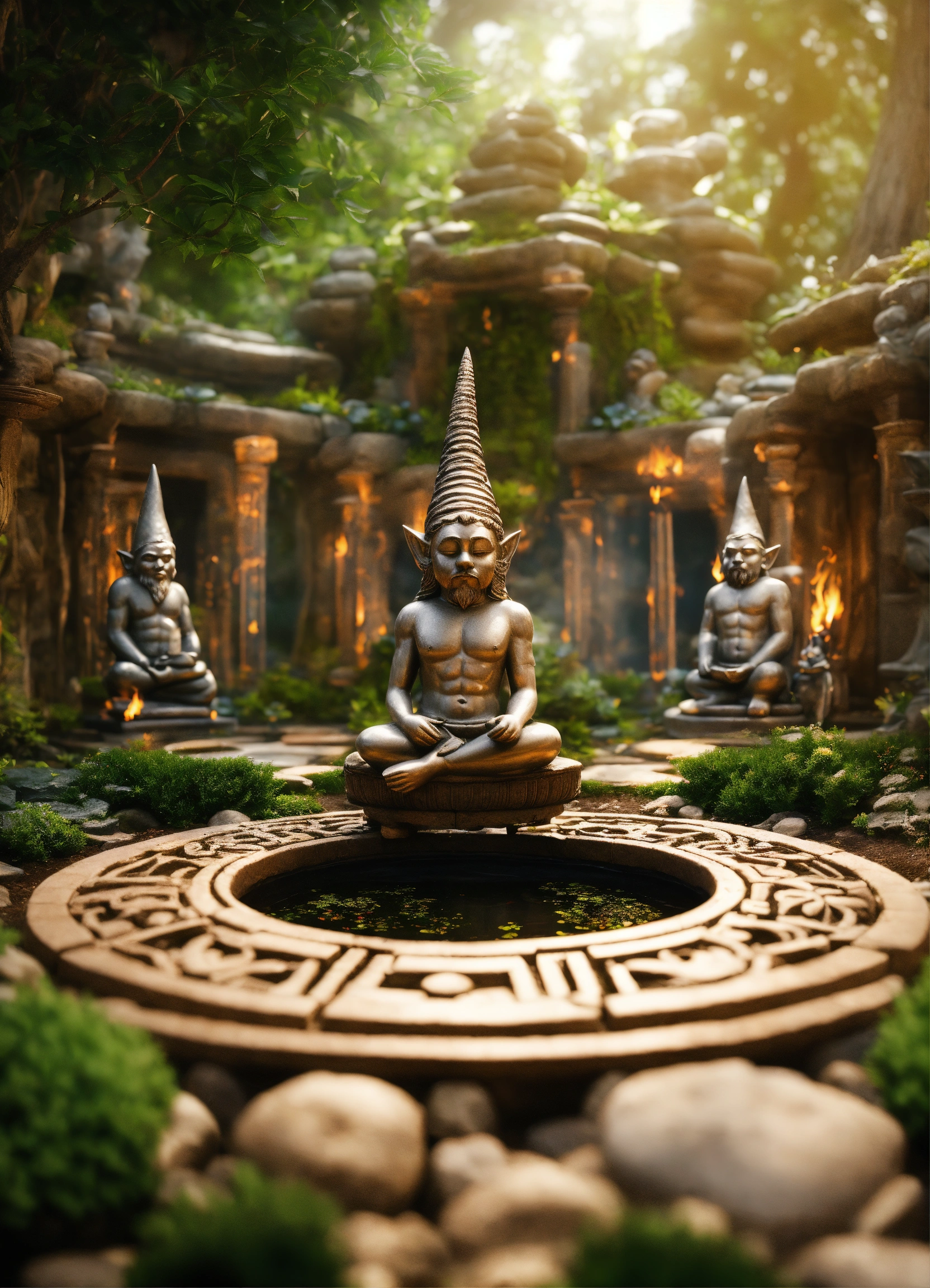 Lexica - A spiritual gnomes temple garden.sculptured . Style of alex grey.giger.unreal  engine.winding path. Pond. Fire pit.meditation seat.