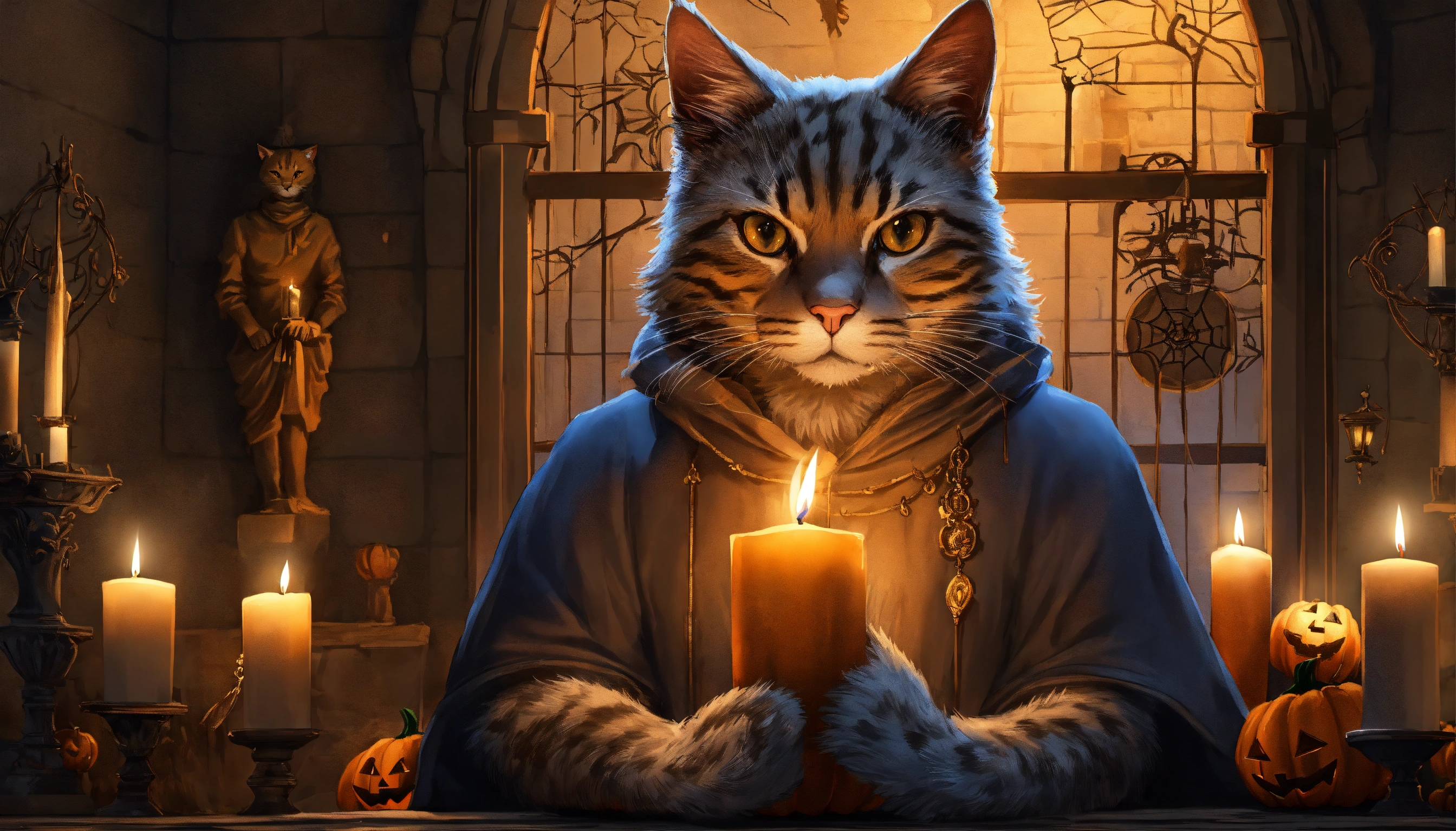 Lexica - An anthropomorphic cat holding a candle in his hands inside a ...