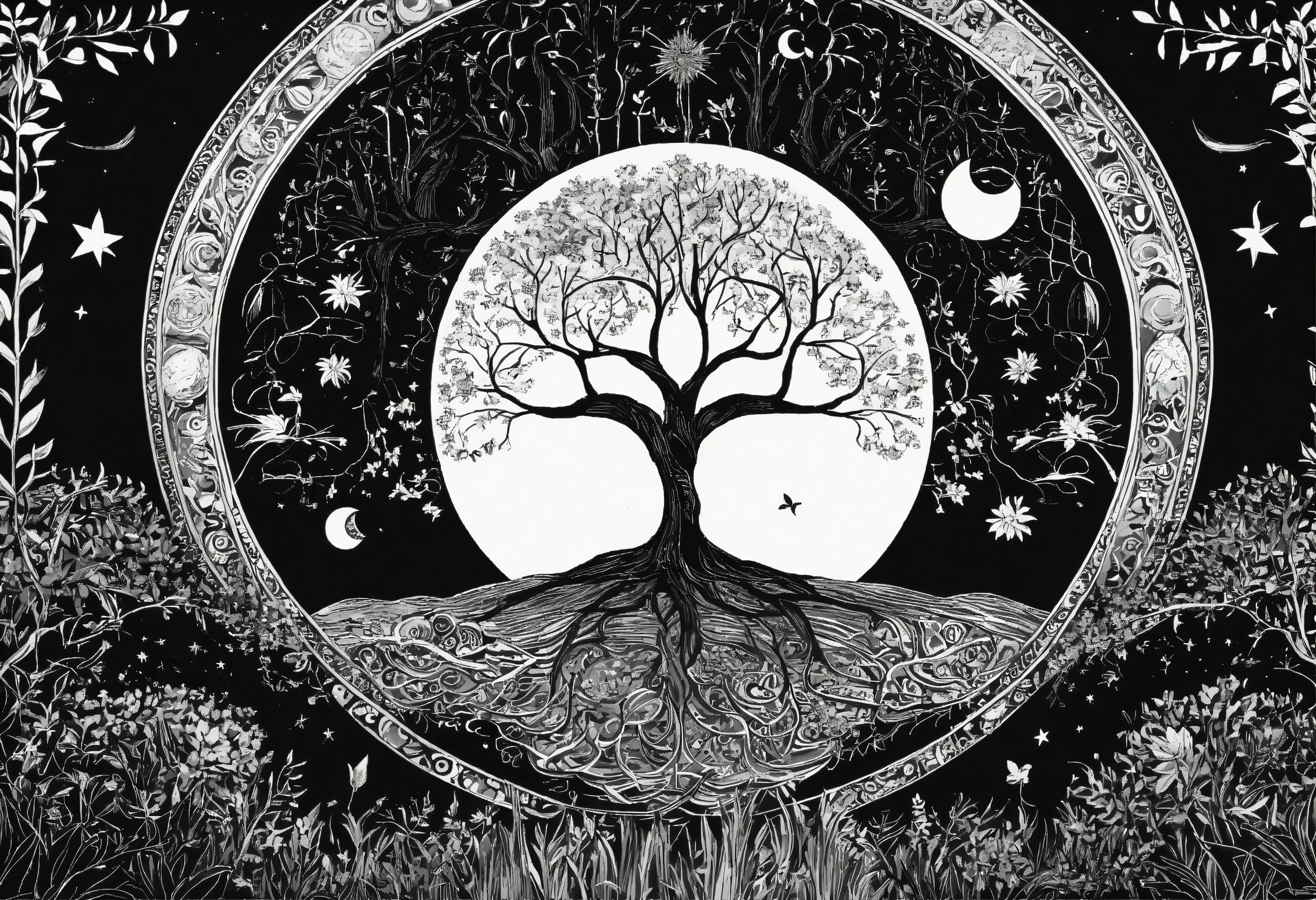 Lexica - Tree of life black and white no leaf with moon sun and stars