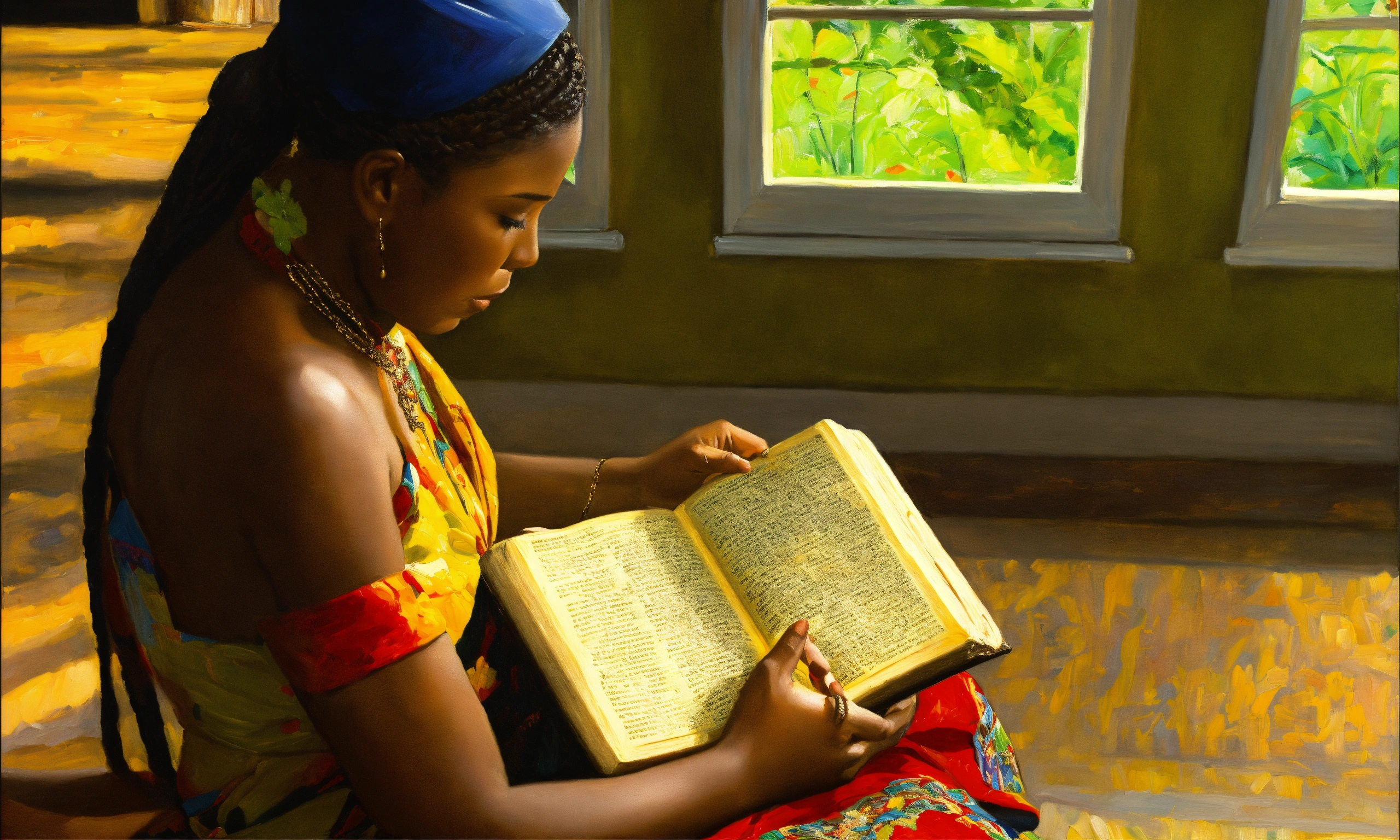 Lexica - Oil painting of ja woman reading the holy bible