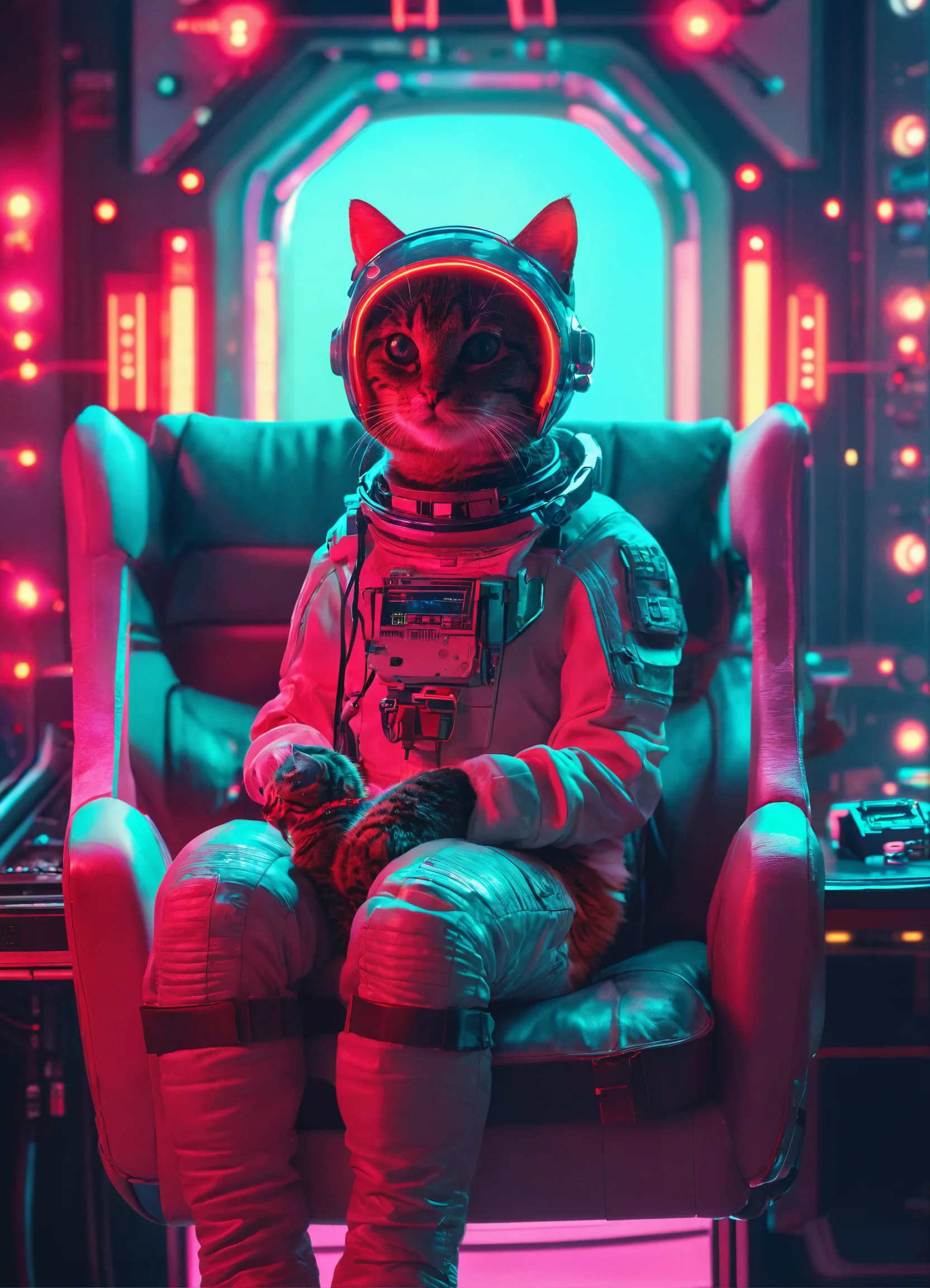 Lexica - Shorthair cat wearing a space helmet sitting at command chair ...