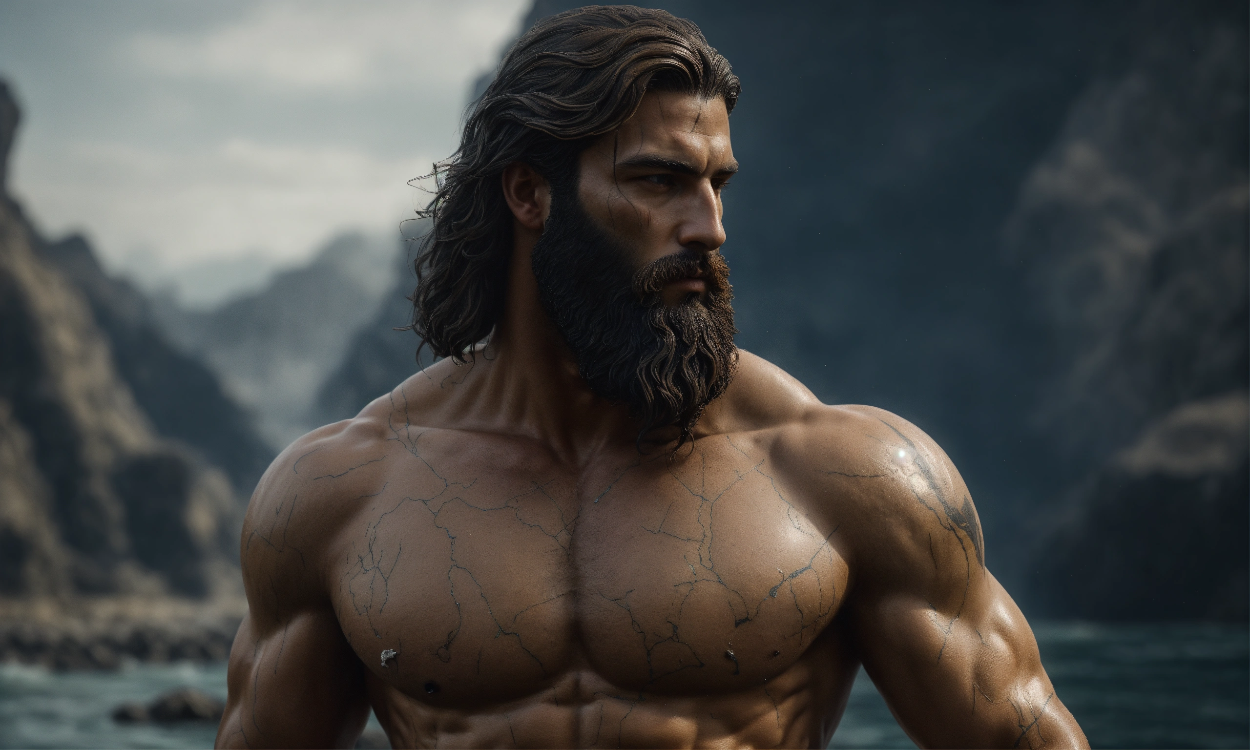 Lexica - A muscular statue of a strong Greek man with a beard and scars ...