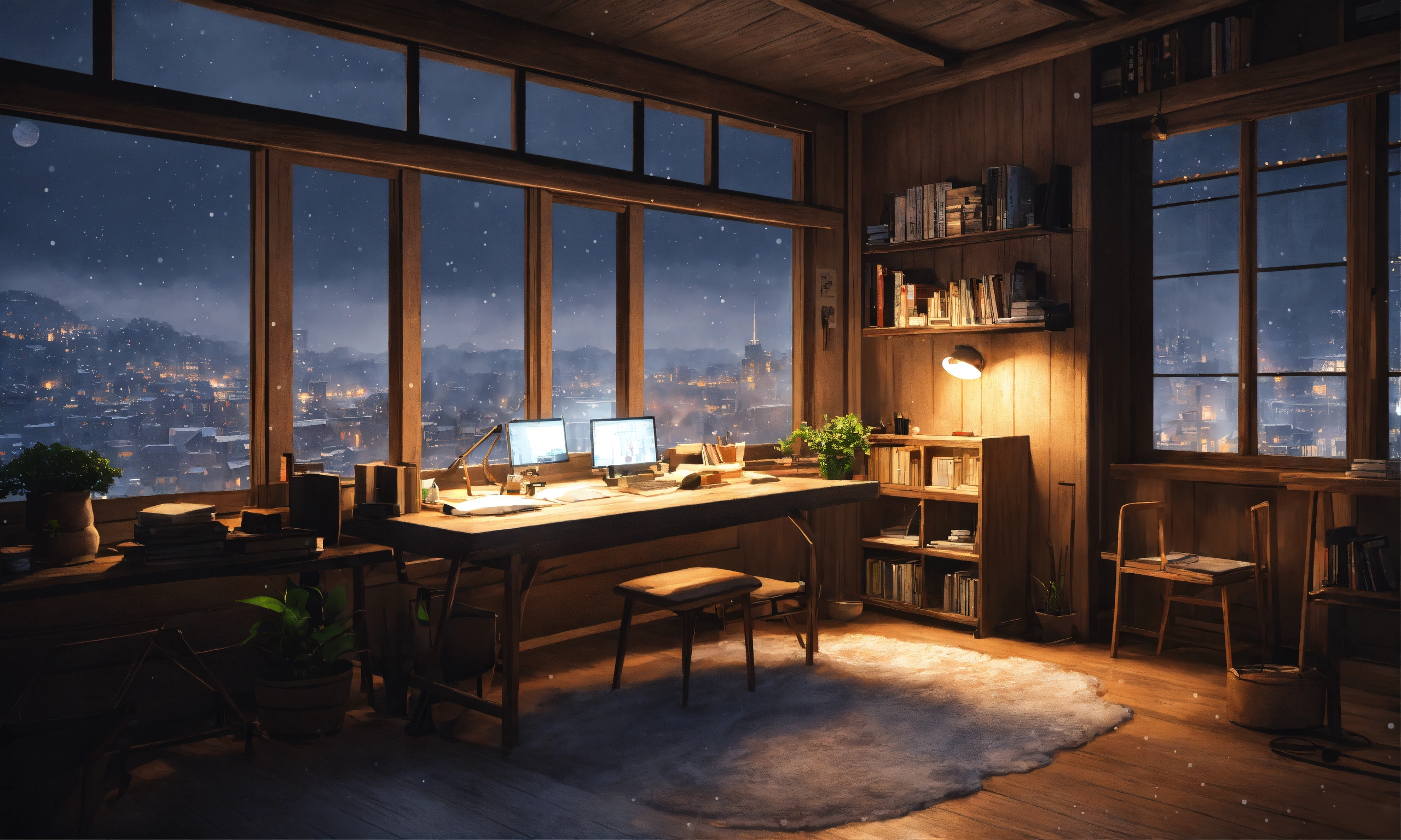 Lexica - Study room in forrest cabin, dark grey washed tints, studio ...