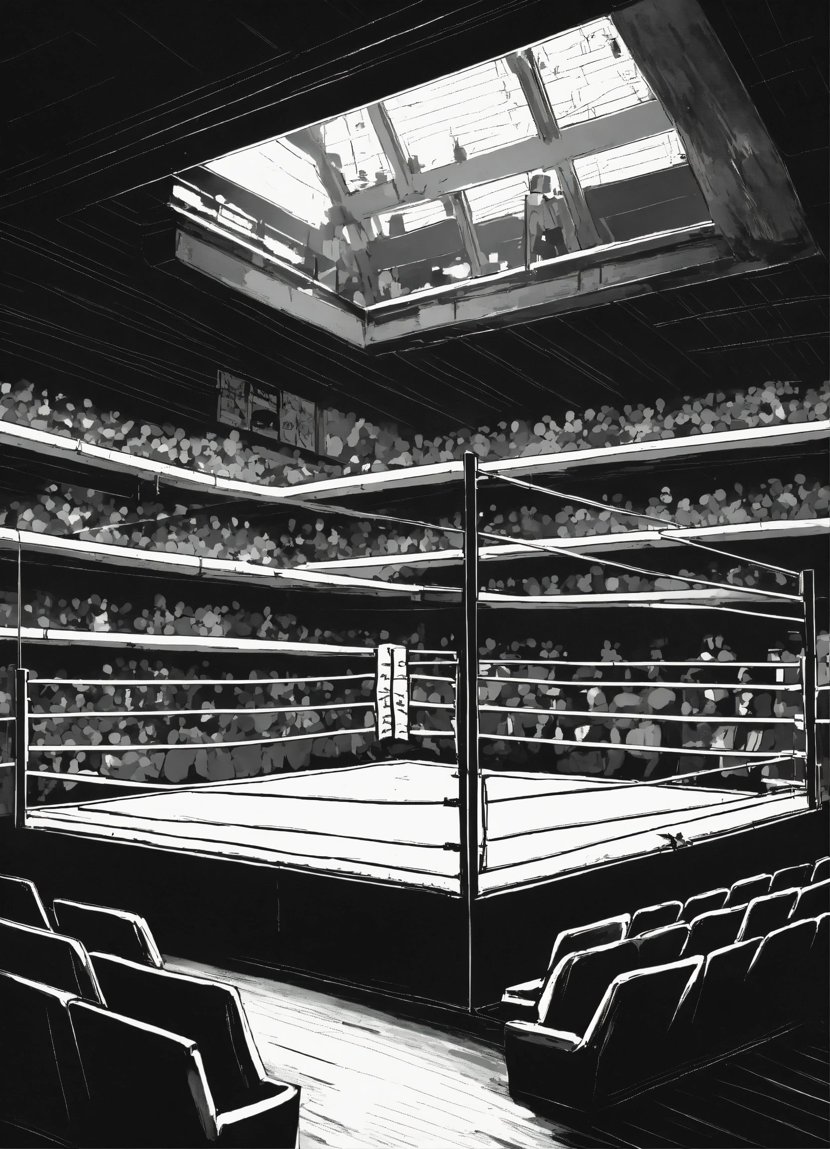 Lexica - A black and white illustration of inside boxing corner