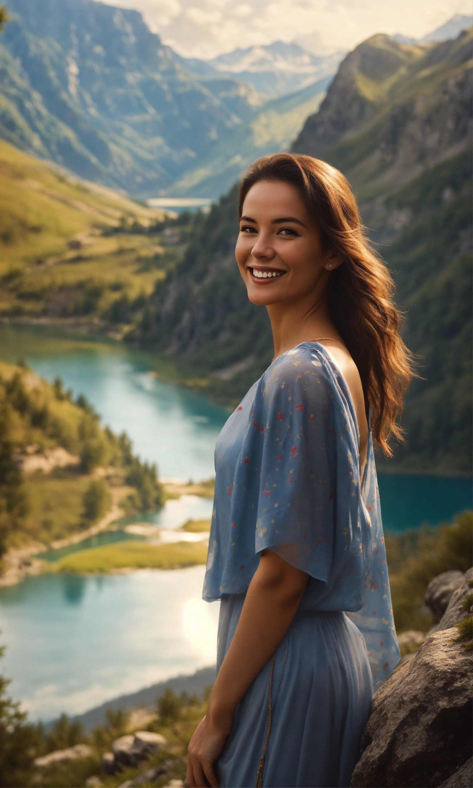 lexica-woman-on-mountains-smiling-peaceful-lakes-realistic-cinematic