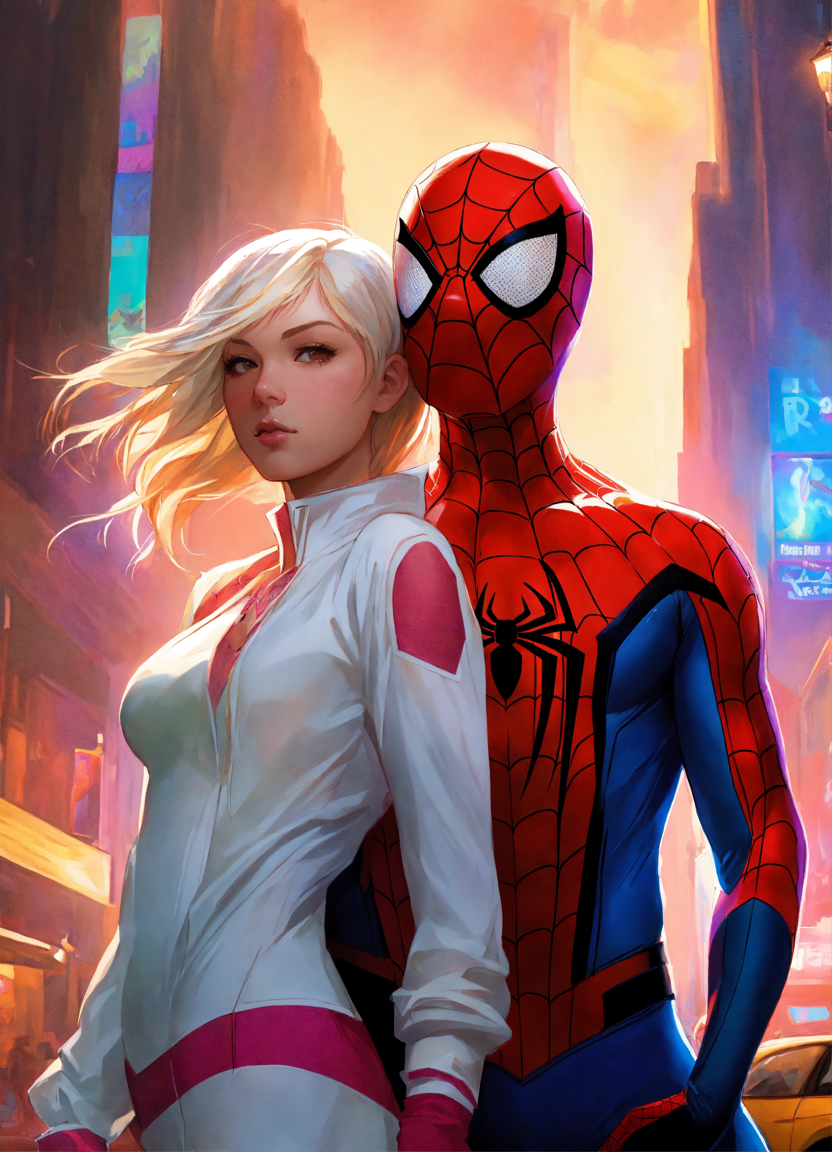 Lexica Spider Man And Spider Gwen Art By Artgerm And Greg Rutkowski And Alphonse Mucha And