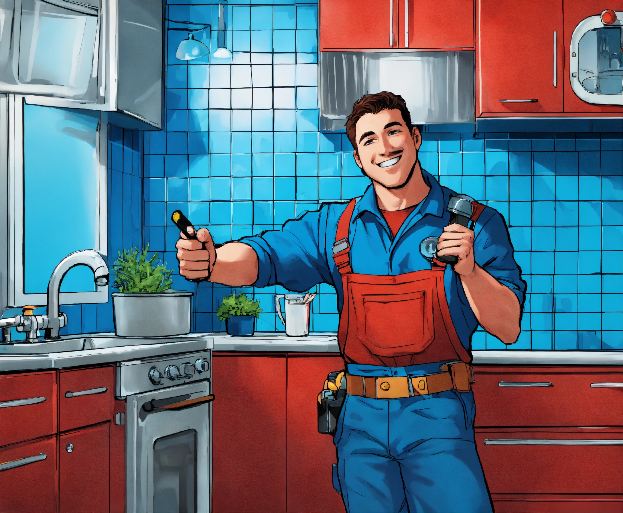 Lexica - A plumber in a red outfit stands inside kitchen with blue ...