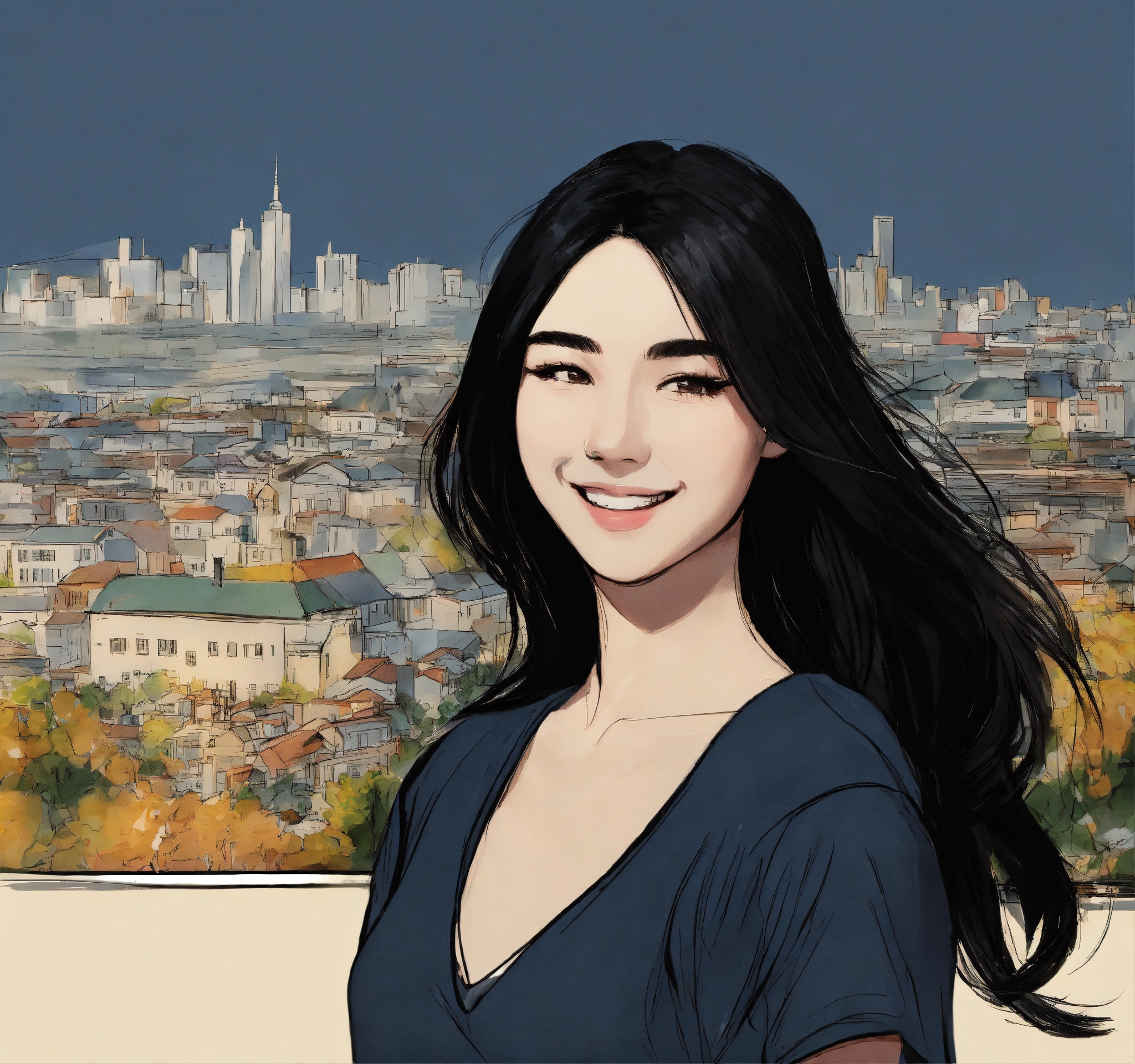 Lexica Sketch Of Eurasian Girl Long Black Hair Smiling Looking To