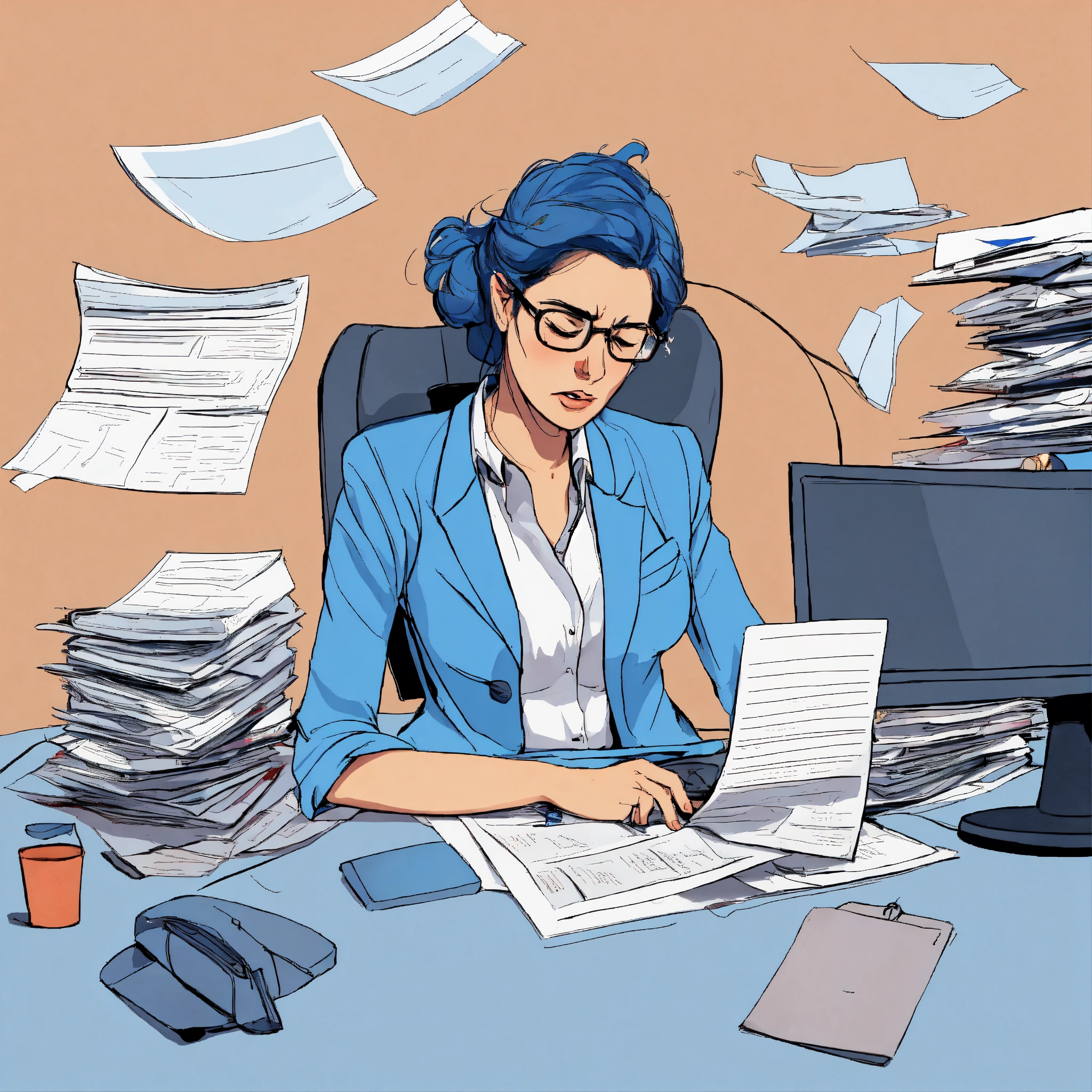 Lexica - Caricature, cartoon, exaggeration, tired woman in blue suit at ...