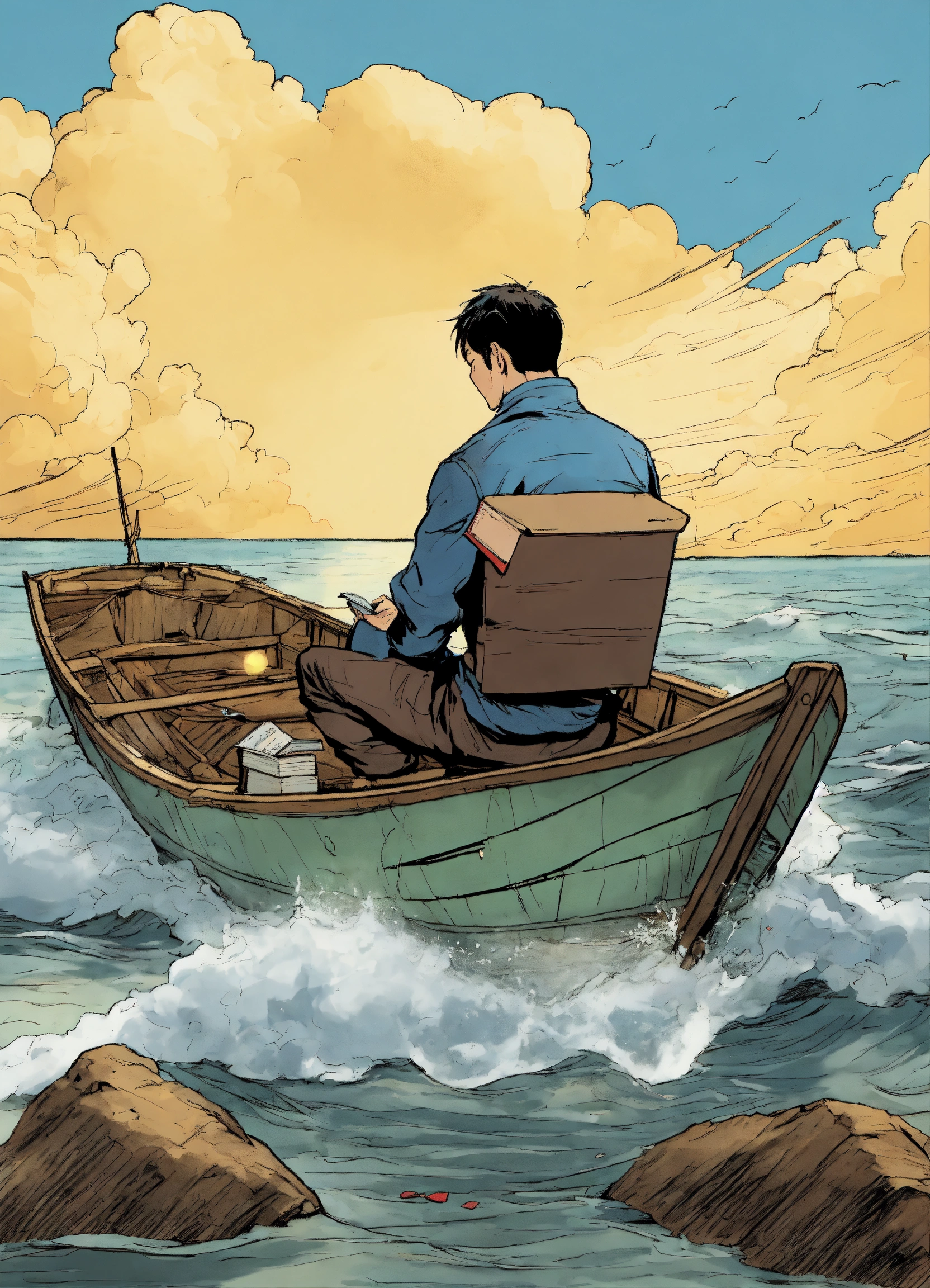 Lexica - Draw a picture in a comic book style, a broken boat, water ...