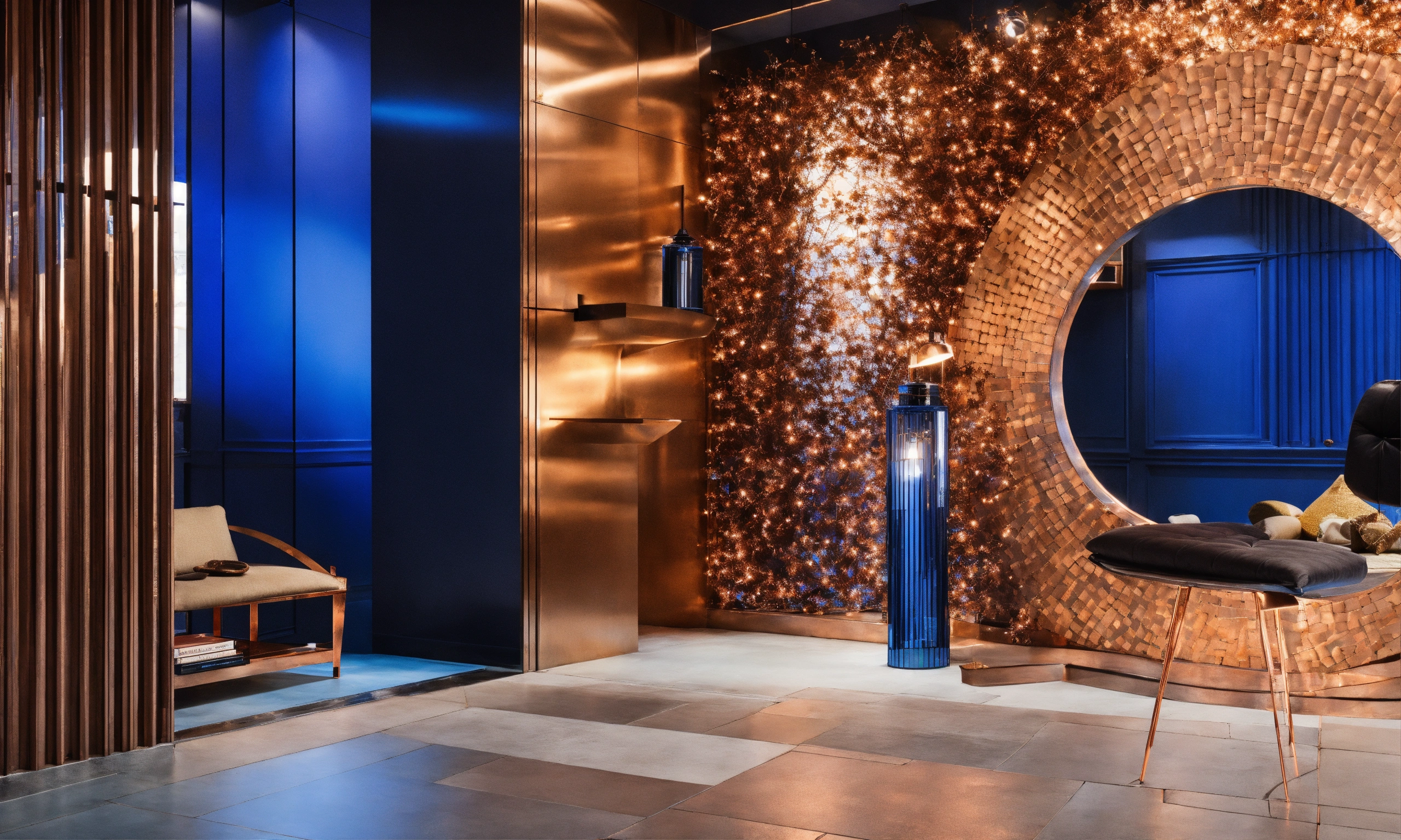 Lexica - Captivating entry with blue and copper installations