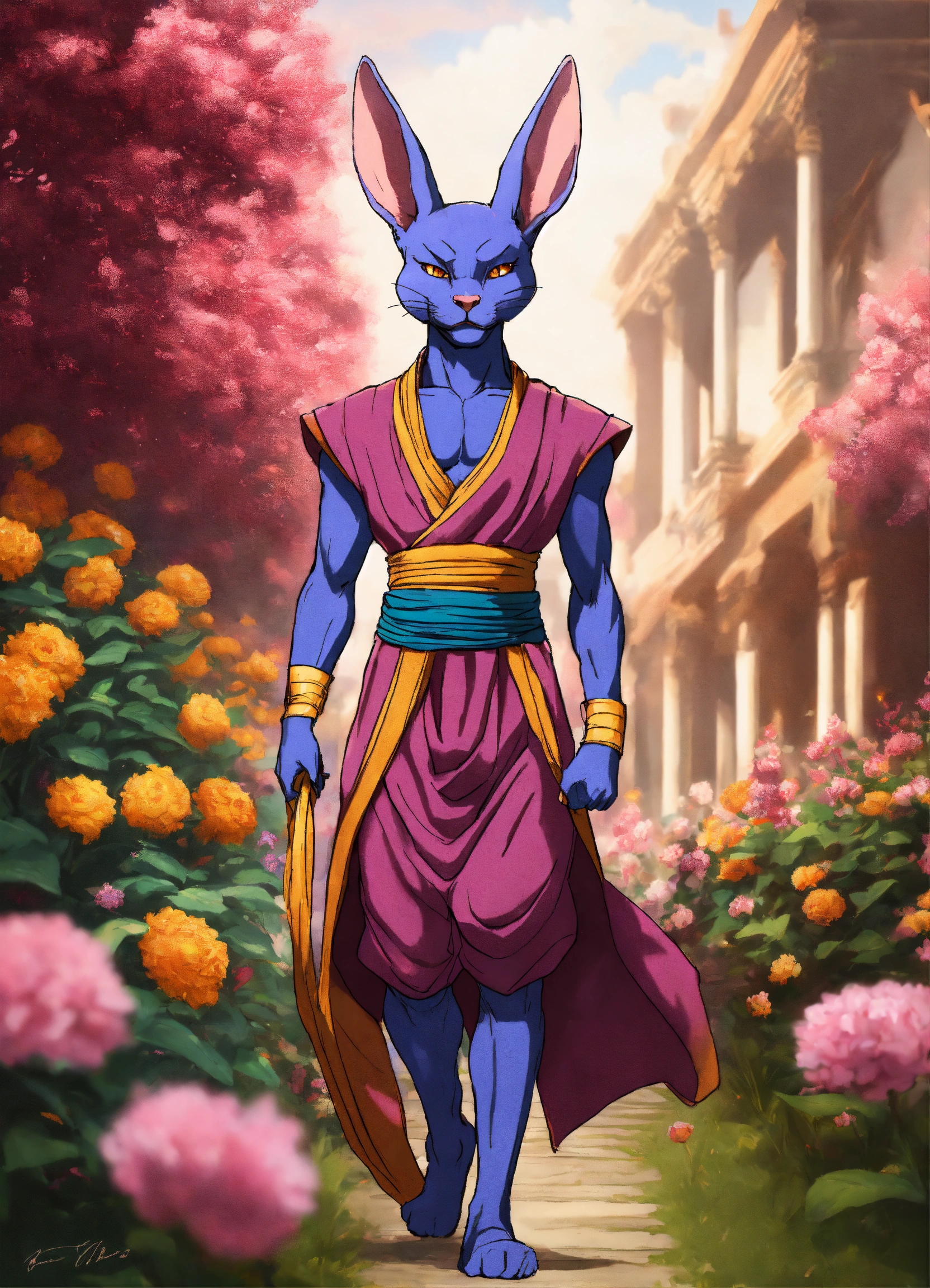 Lexica Realistic lord beerus walking into flowers