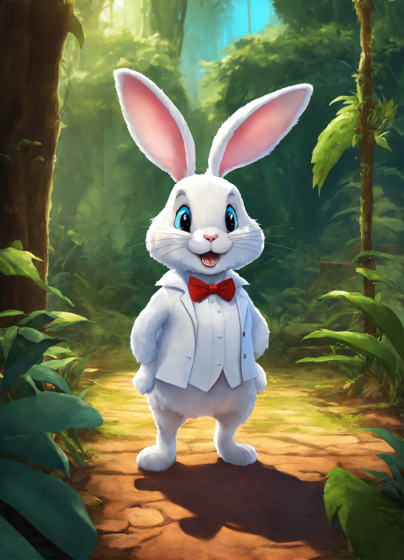 Lexica - Let cartoon big white rabbit walking on two legs in jungle