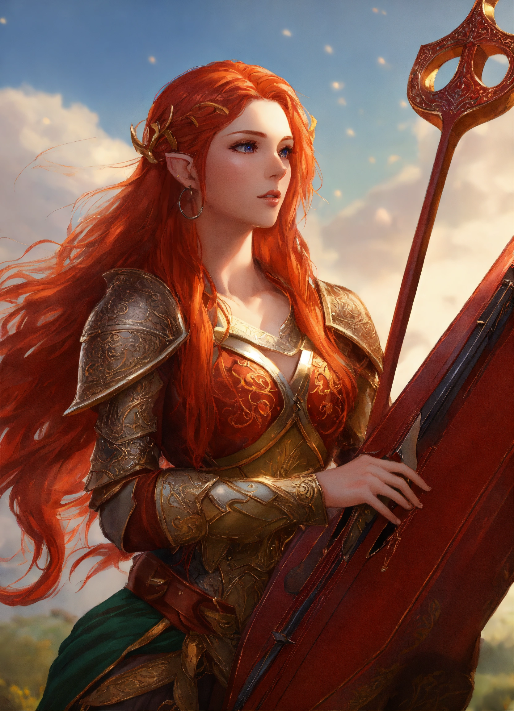 Lexica - Beautiful bard female elf, long red hair, royal, leather armor ...