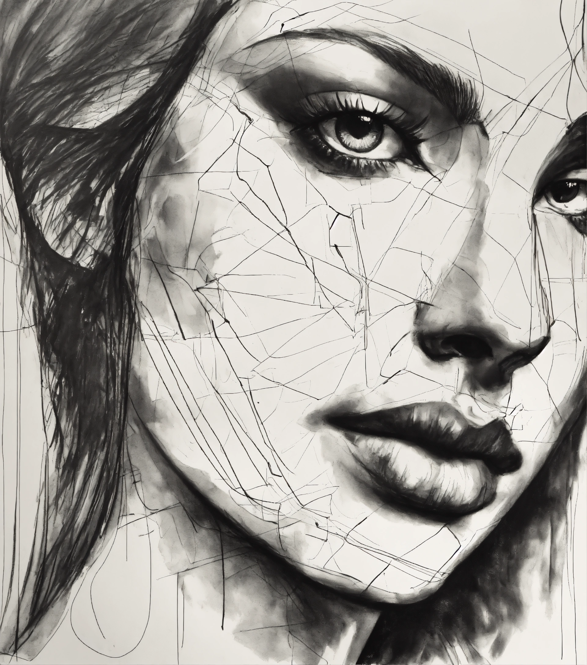 Lexica - A black and white drawing of a woman's face, an abstract ...