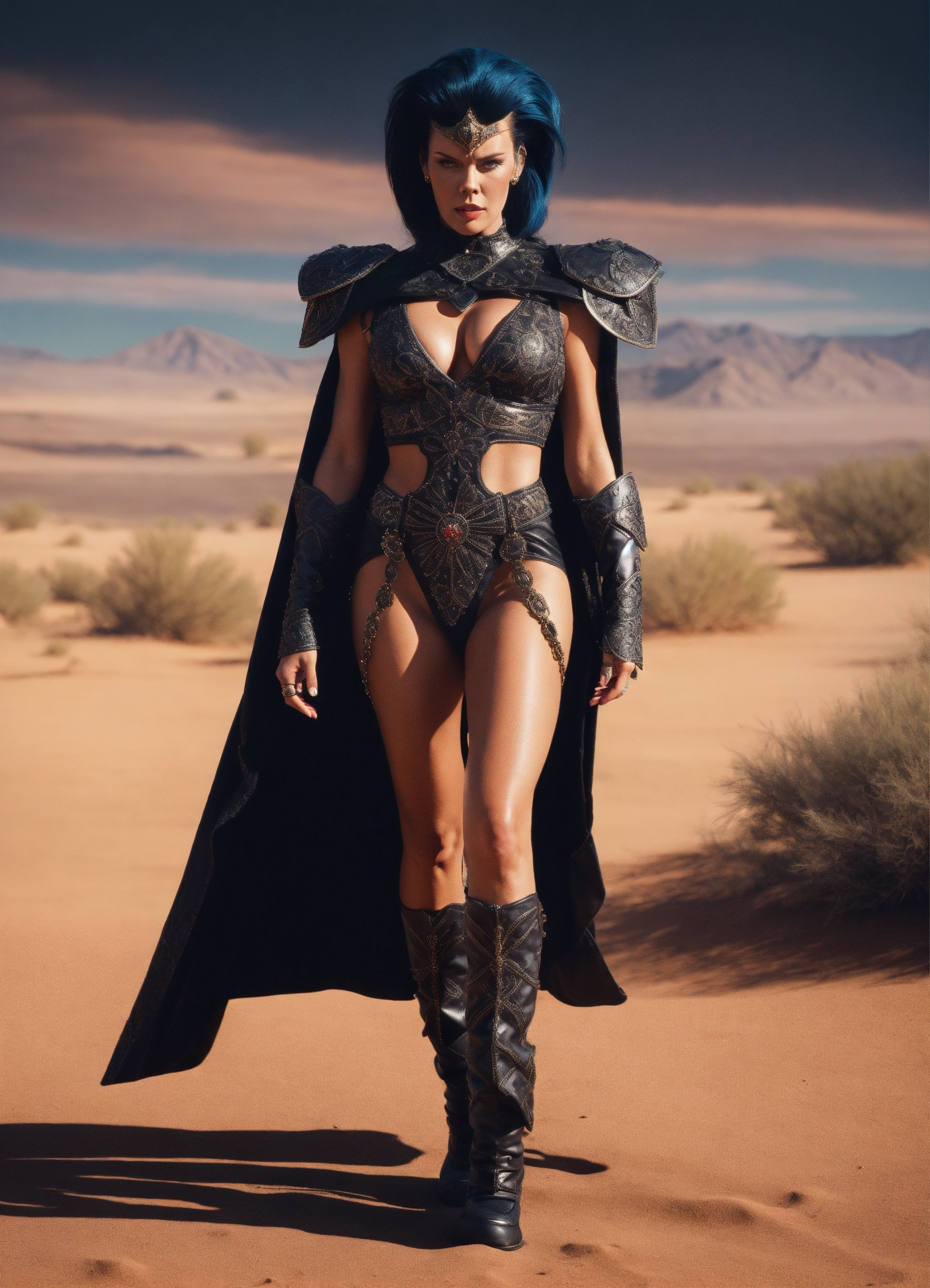 Lexica - Young Evil Brigitte Nielsen, black hair dressed like Evil-Lyn of  Masters of the universe, full body, dark suite, camera look, walking in a  d...