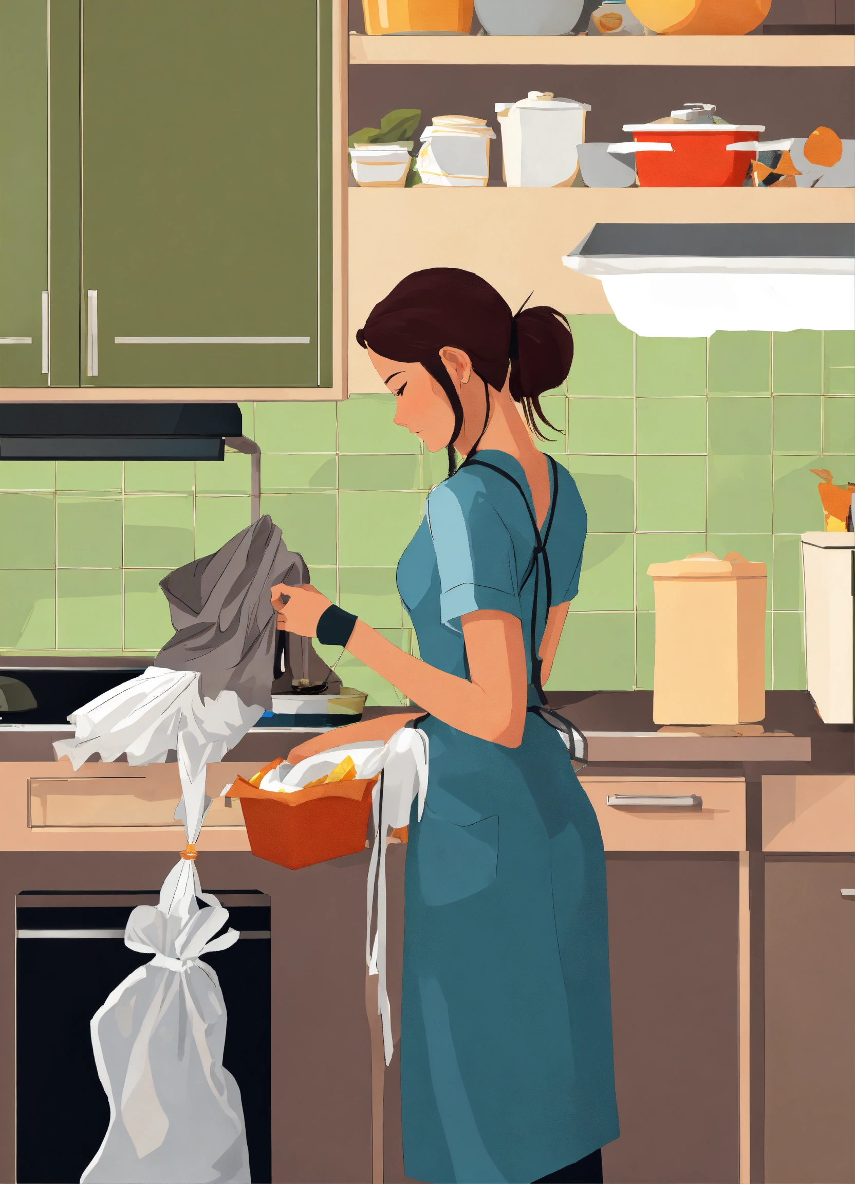 Lexica Avatar, women, apartment, kitchen, tying up trash bag, refuse