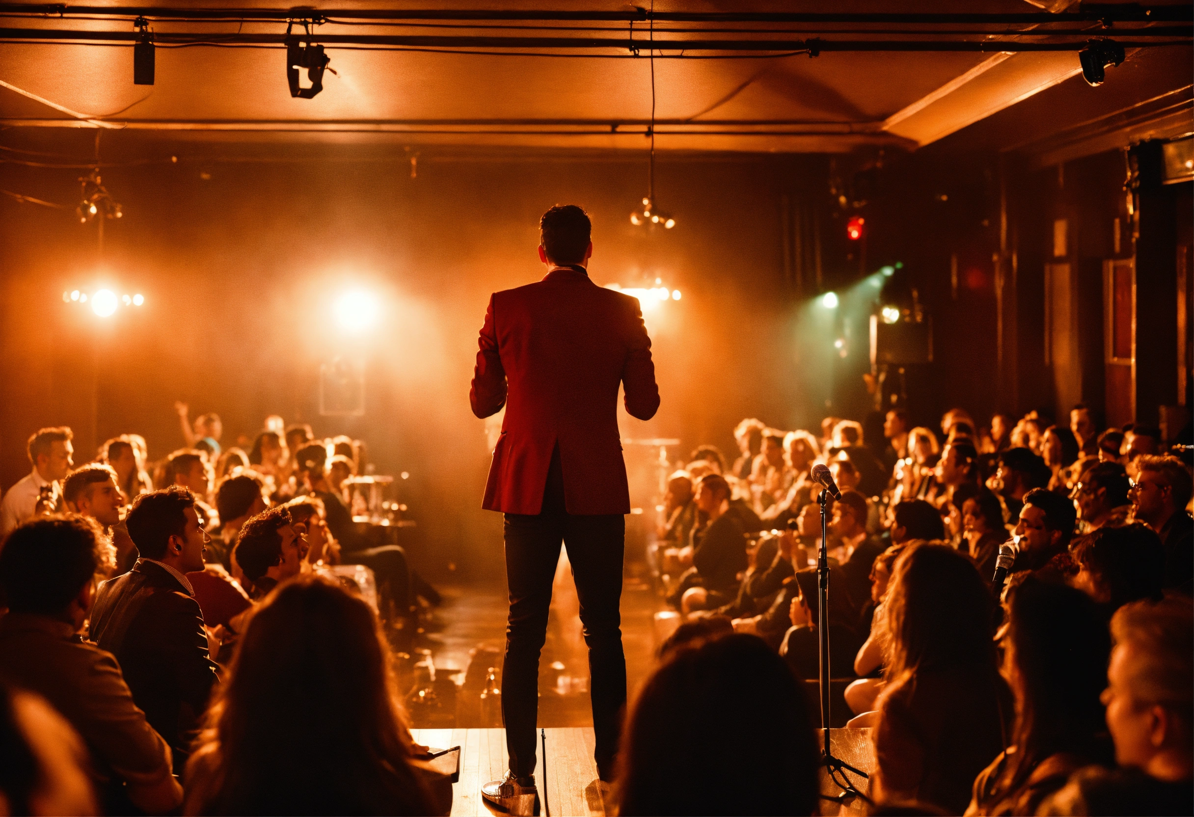 Lexica - Back, rear view of stand-up performer performs on stage with a ...