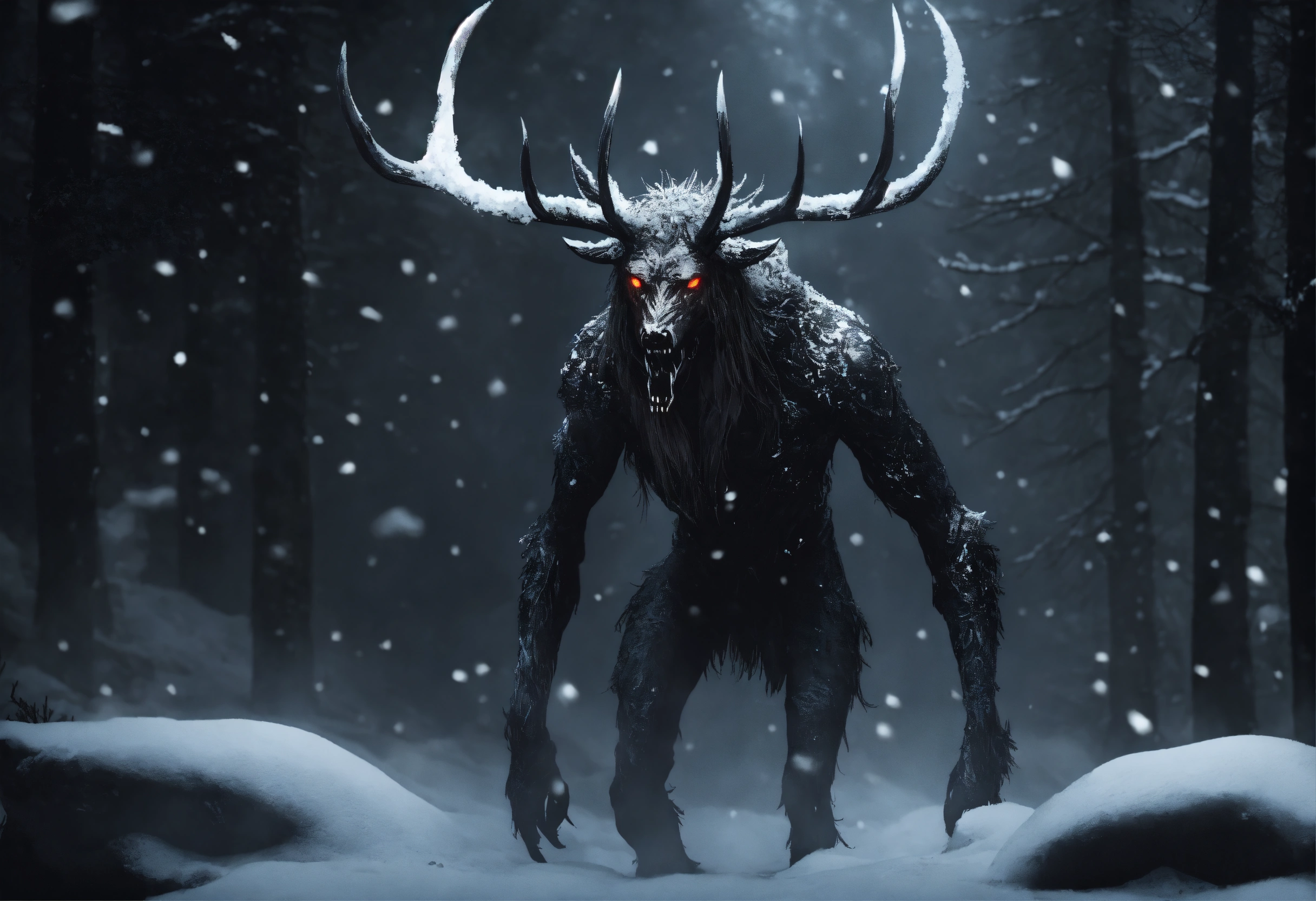 Lexica - Wendigo in complete darkness, eyes glow and snow is falling on ...