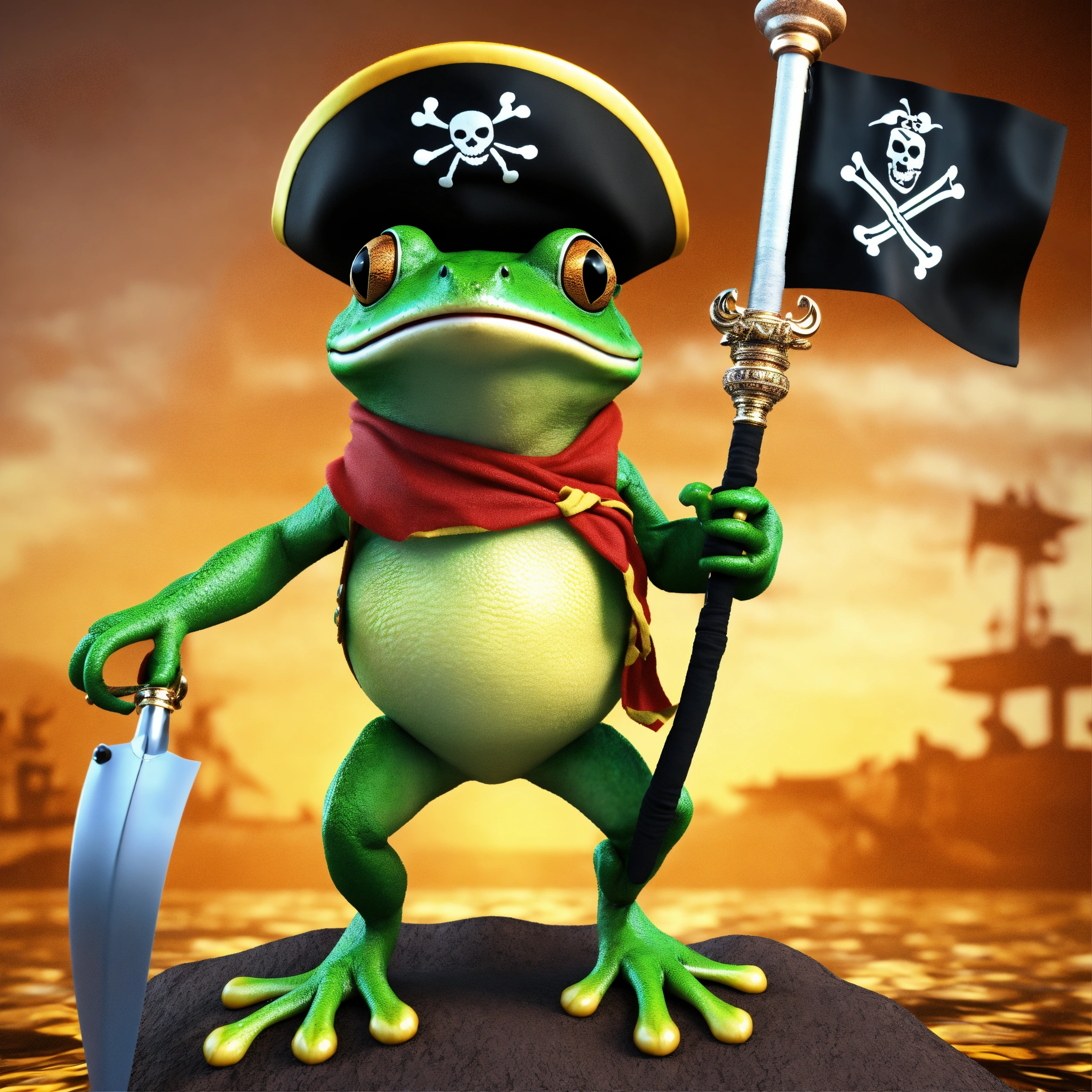 Lexica - Pirate frog, wearing a pirate hat, holding a pirate flag ...