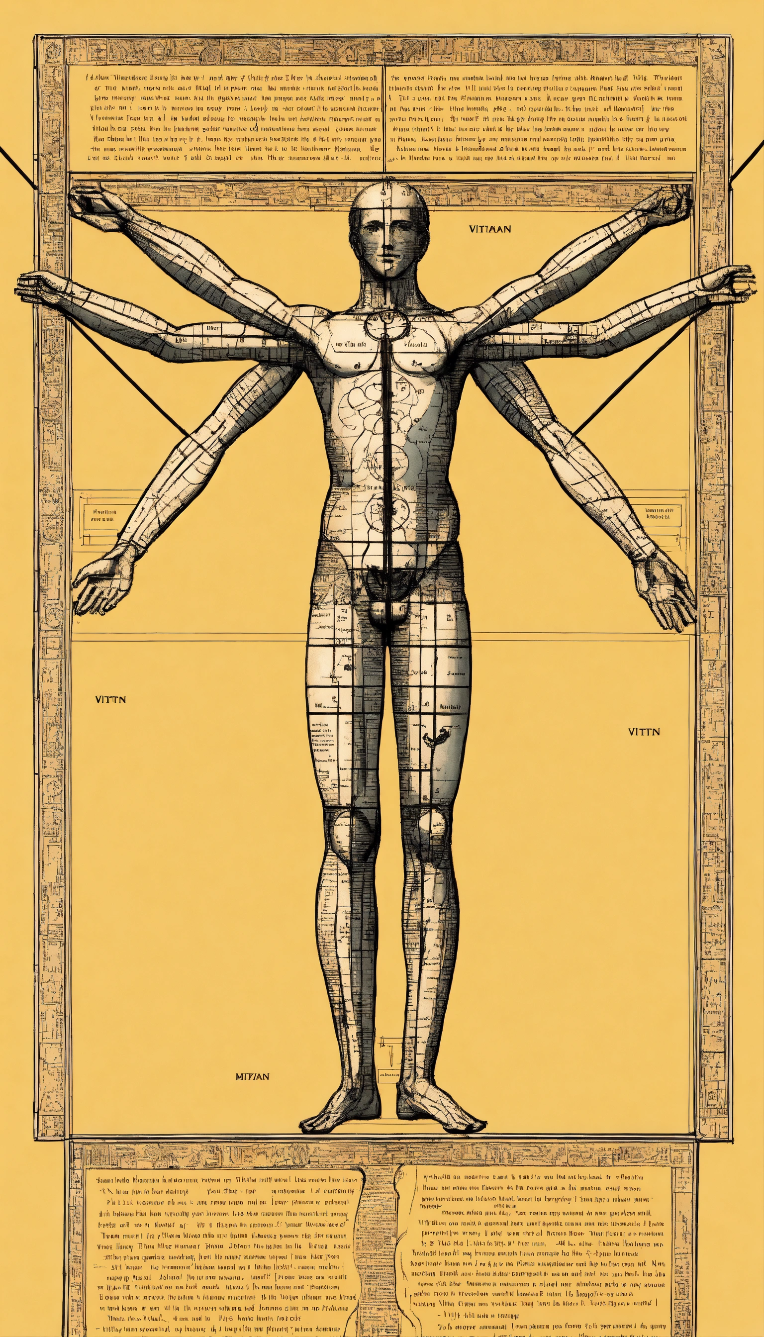 Lexica Text feminin version of the Vitruvian Man, intricate, with
