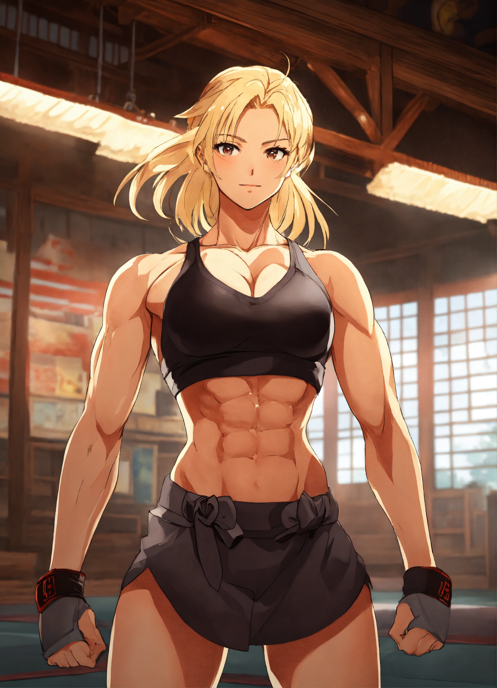 Lexica - Anime beautiful BLOND jiu jistsu girl muscles fighter full body in  dojo with strong abs