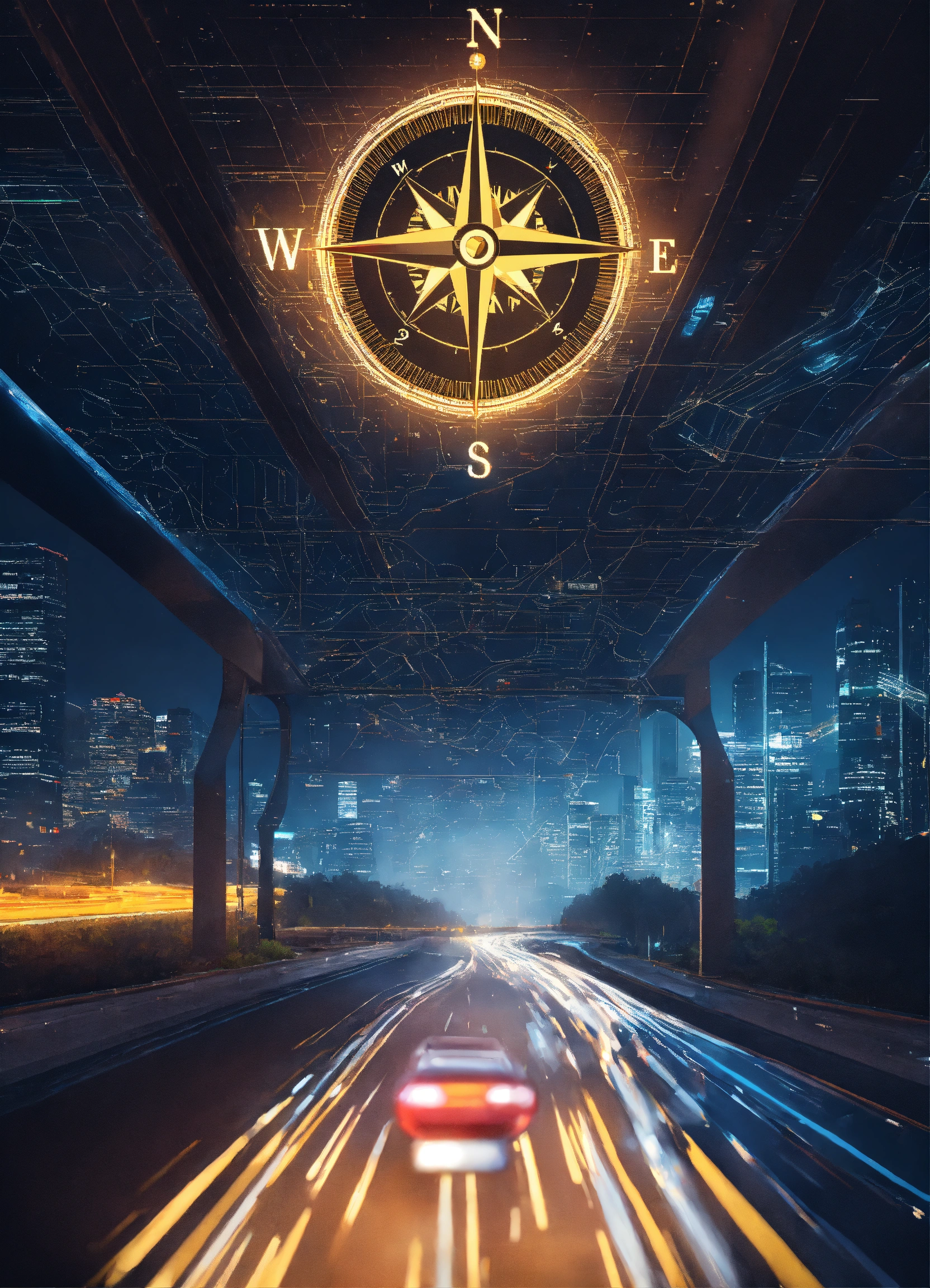Lexica - A compass, showing the AI-augmented highway ahead, a modern ...