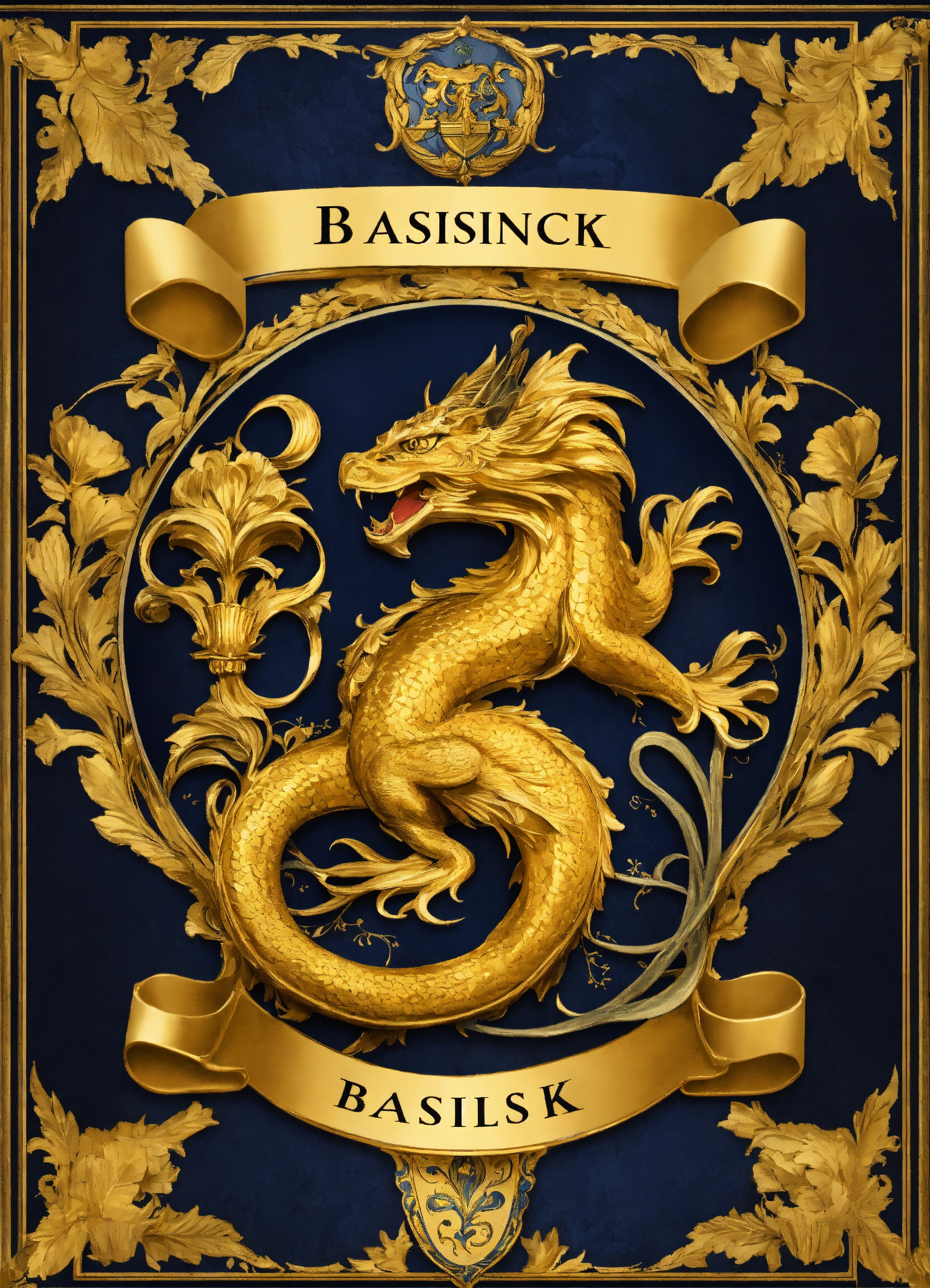 Lexica - Basilisk coat of arms, art nouveau, roccoco, navy blue and gold
