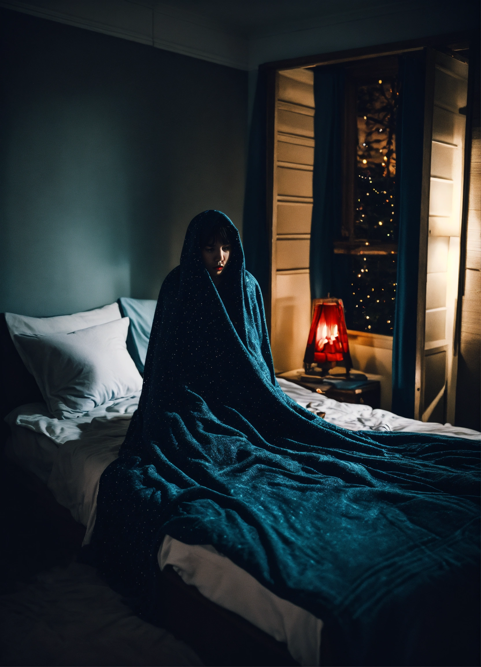 Lexica Person inside the blanket with terror at night in bedroom