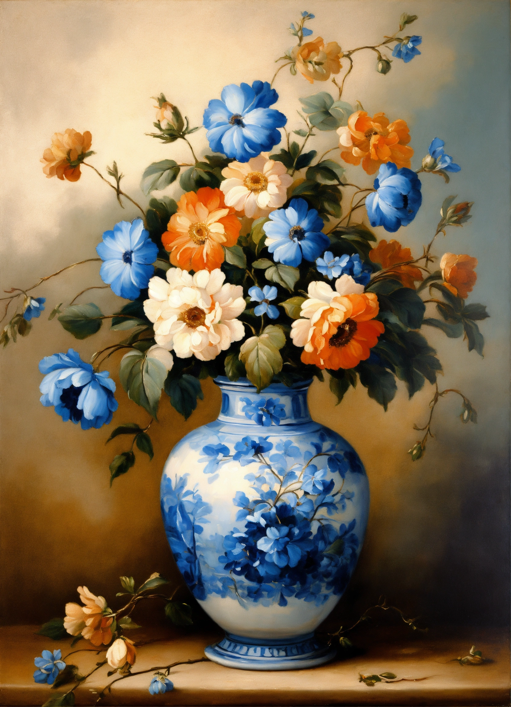 Lexica - French vintage oil painting of blue flowers in delftware vase ...