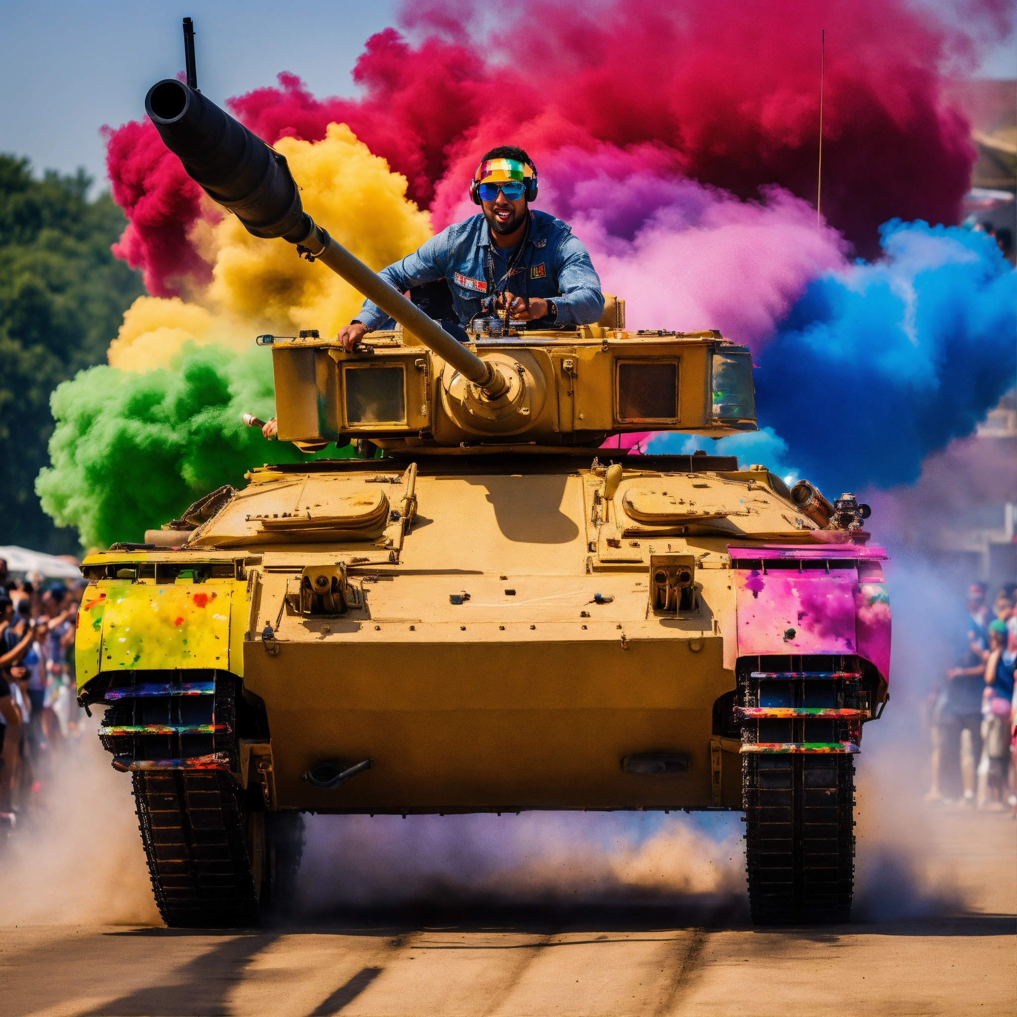 Lexica - A picture of a dj riding a tank painted in the colors of pride