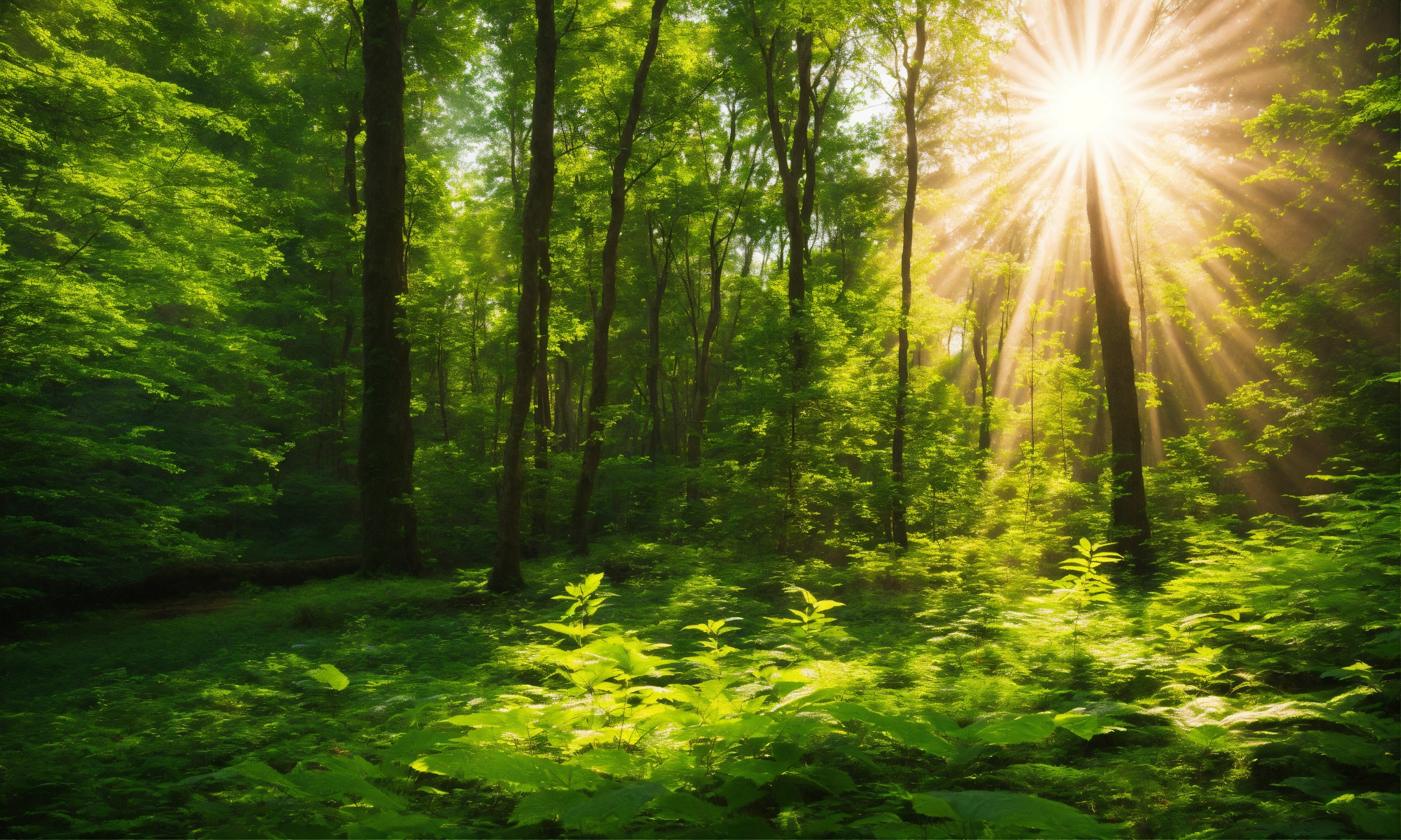 Lexica - Image of a peaceful forest with green leaves and sun rays