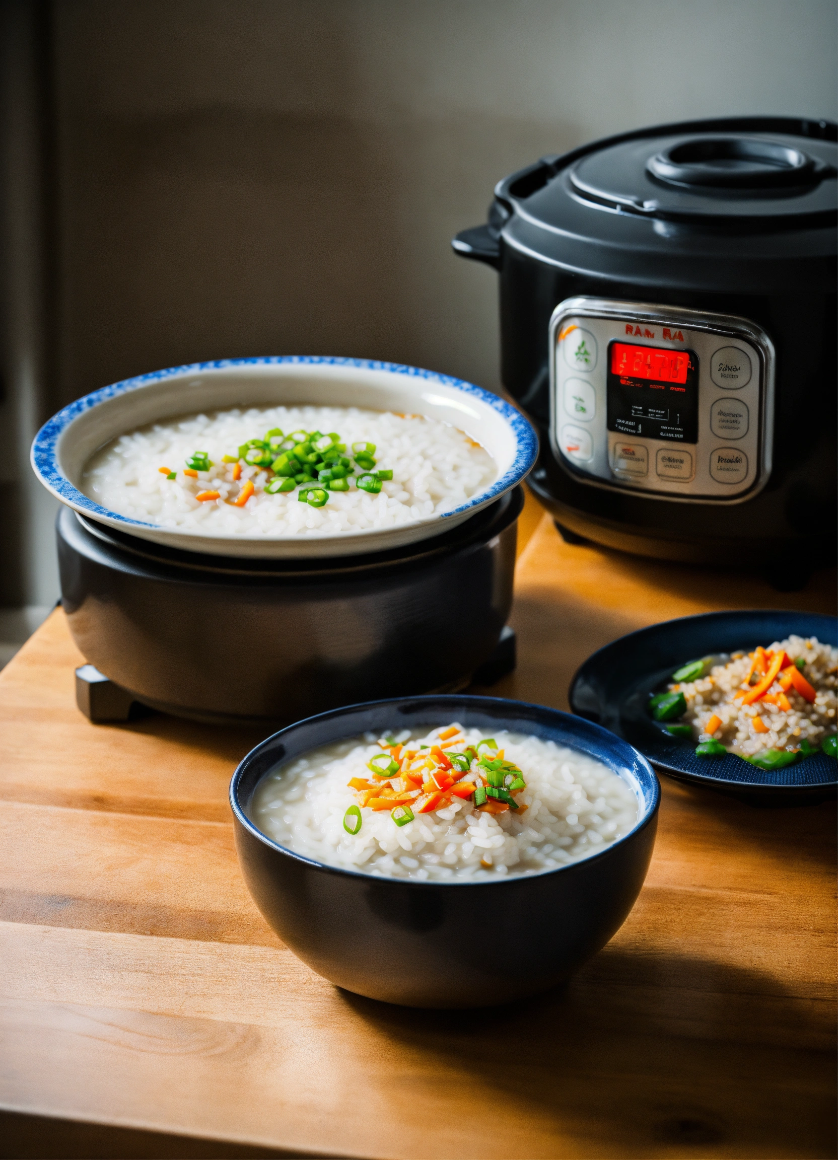 Lexica - A bowl of rice congee with a rice cooker in the background