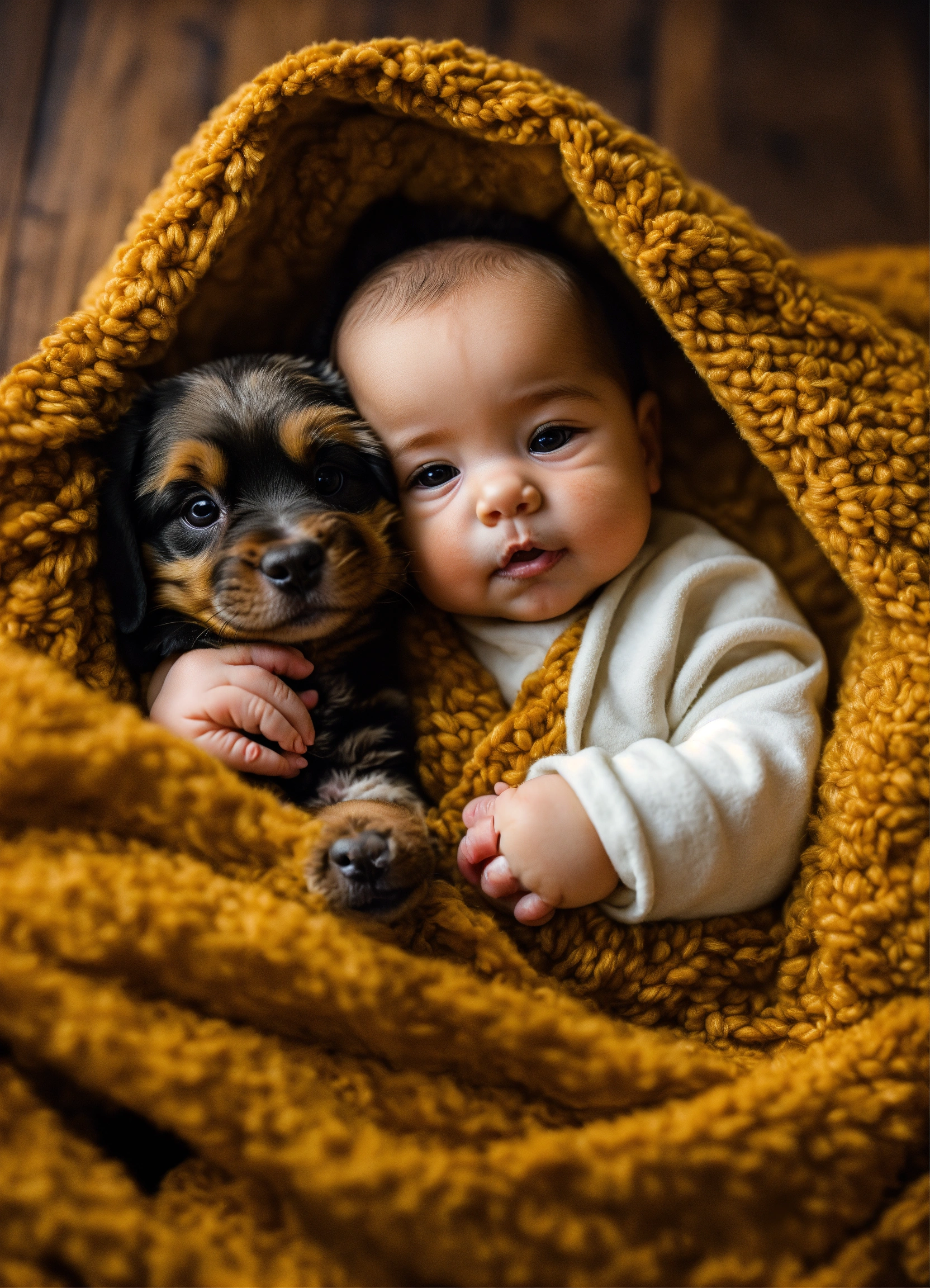 Lexica - A cute baby wrapped in a blanket next to a puppy