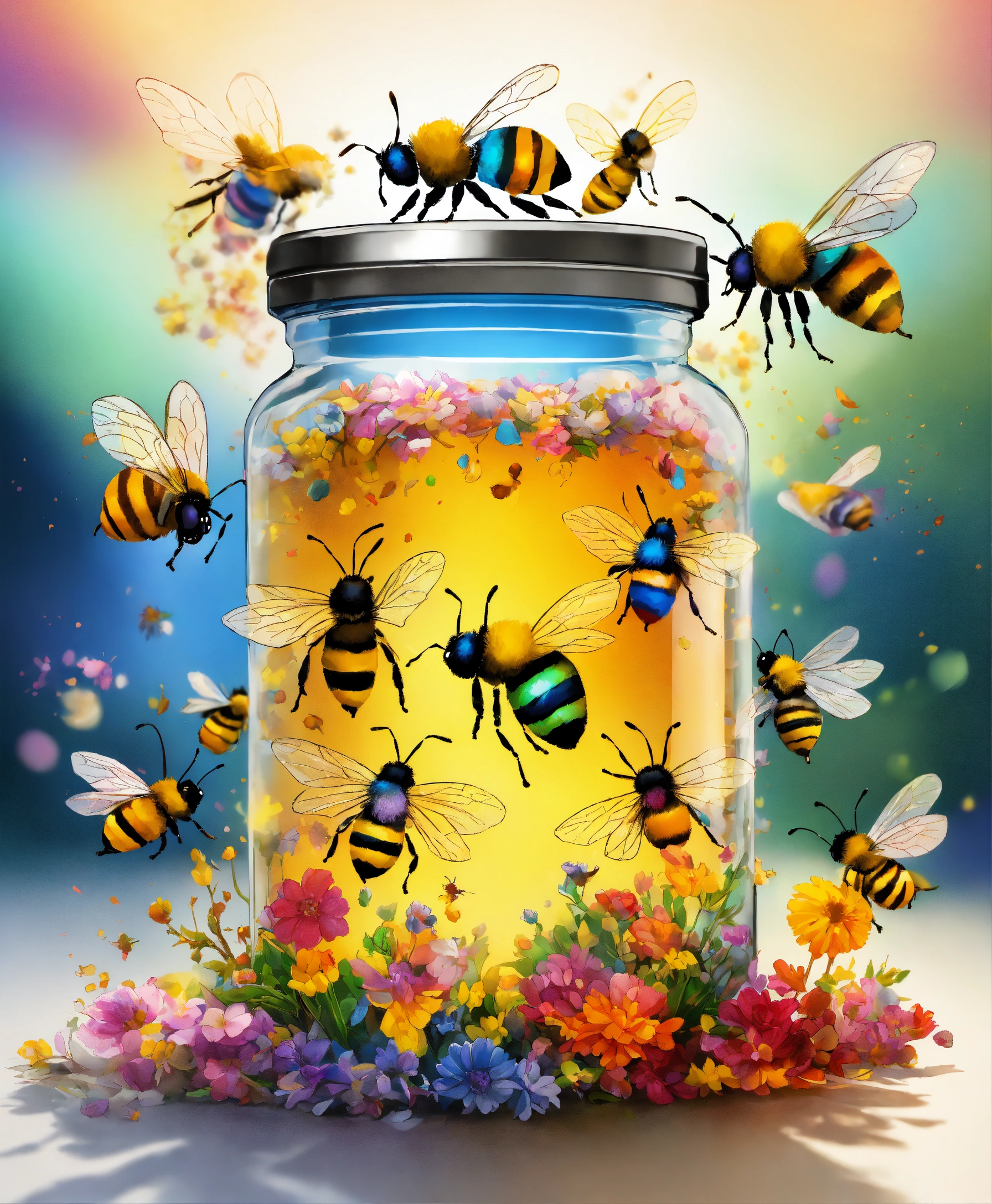 Lexica - Create a drawing of an explosion of colorful bees from an open ...