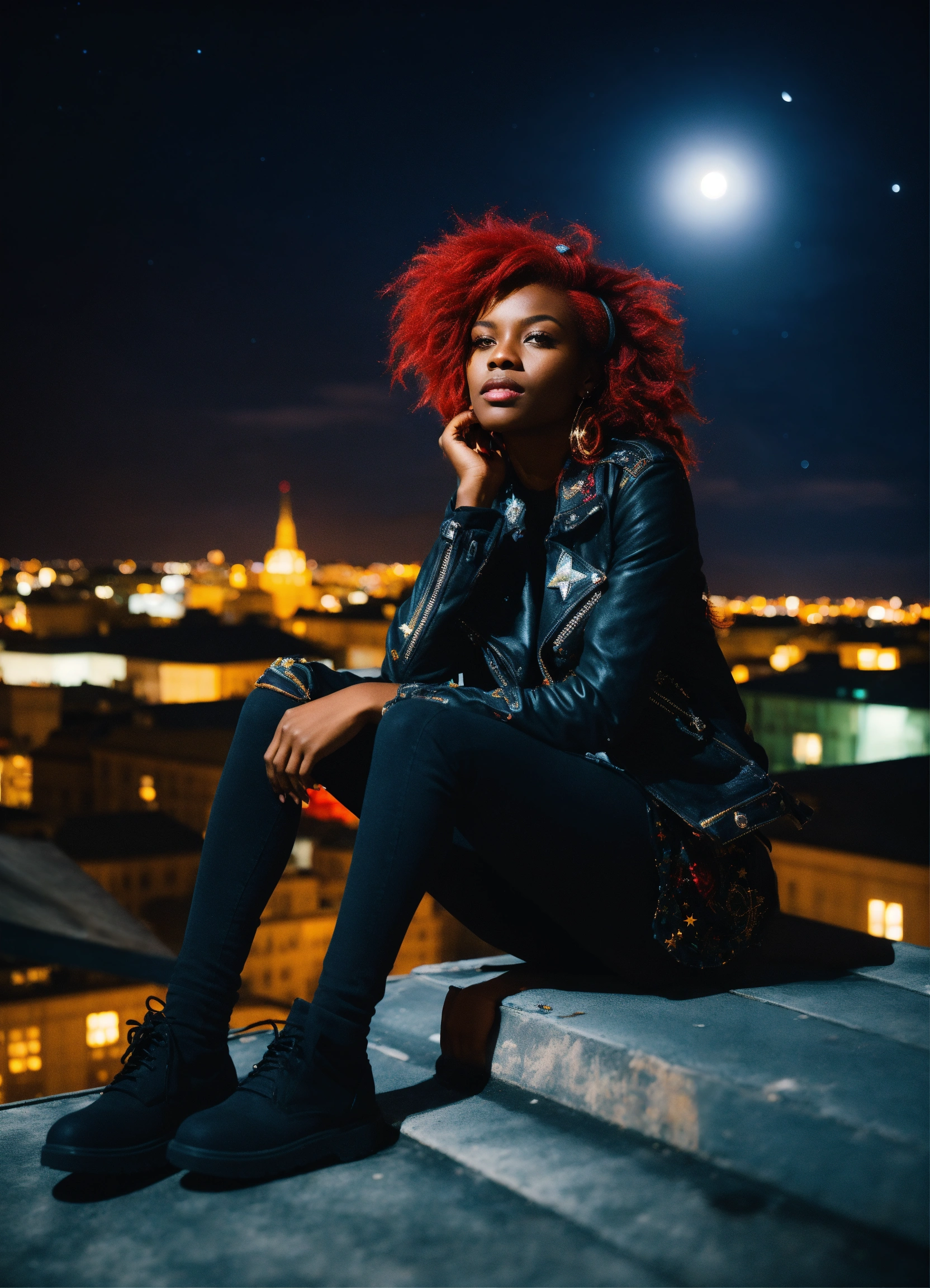 Lexica - Black woman with red hair in punk attire, sitting on a rooftop in  St. Petersburg, moonlight starry sky, exuding dreaminess