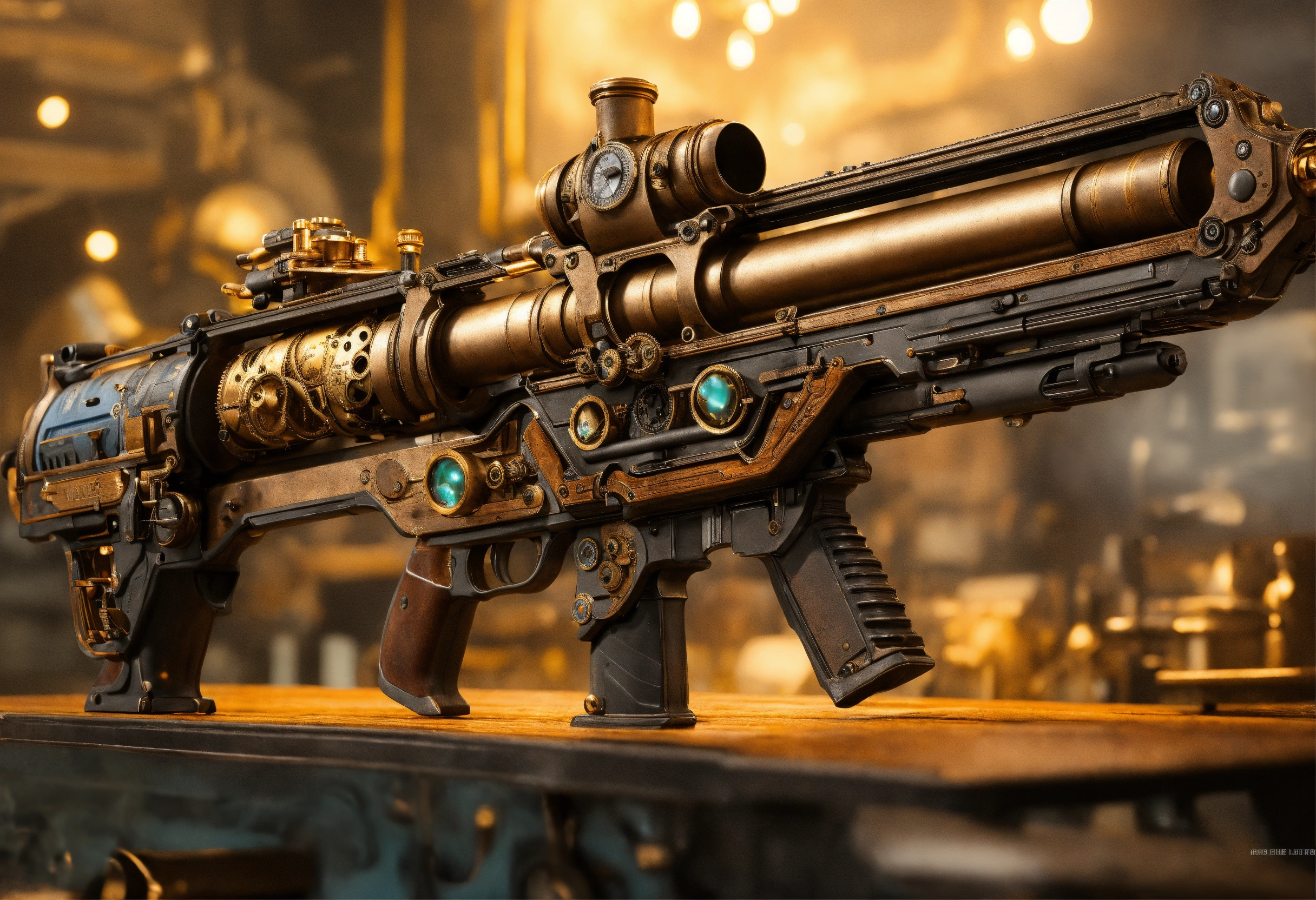 Lexica - Side view of the full image of a steampunk energy rifle