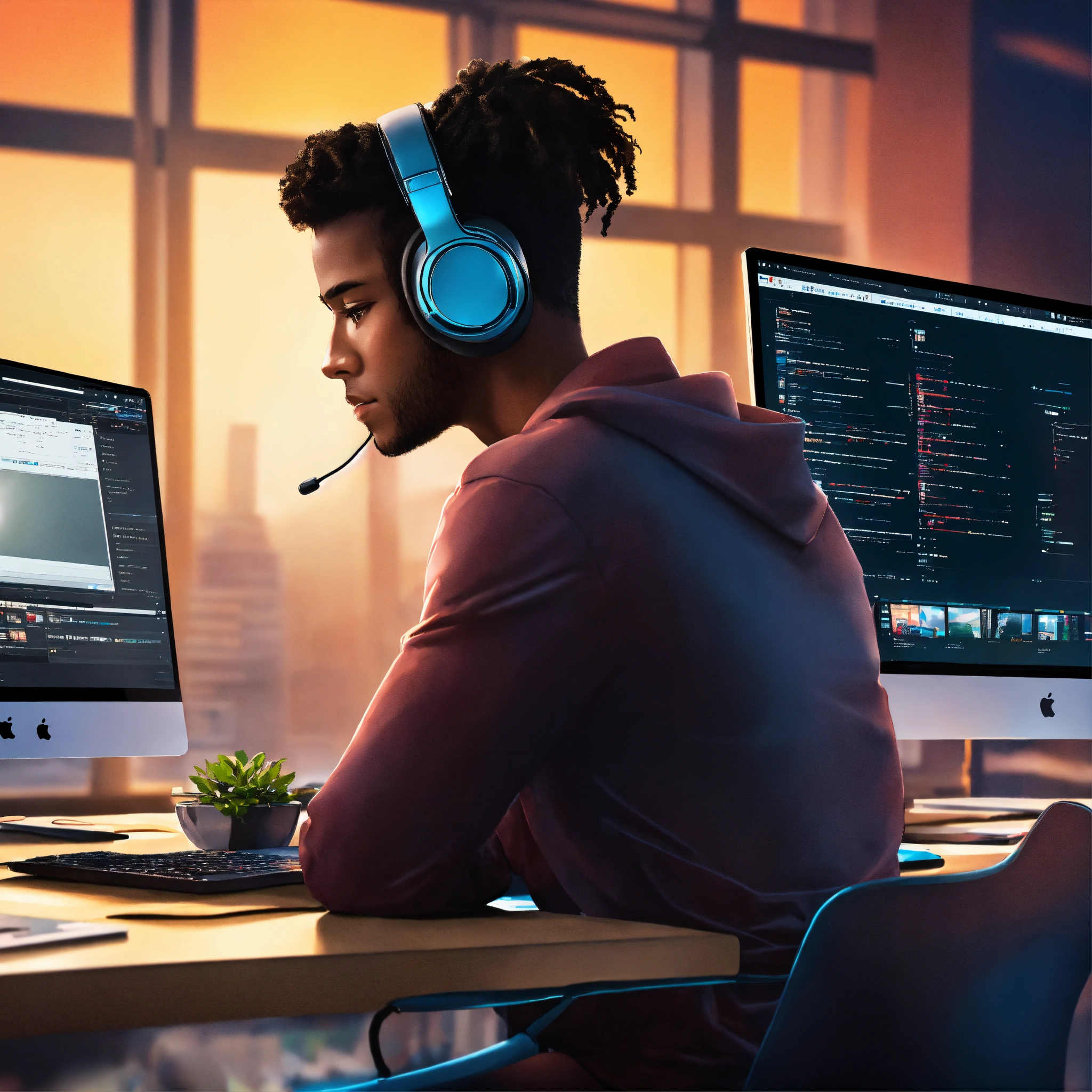 Lexica - A photo of a person sitting at a desk and using a computer ...