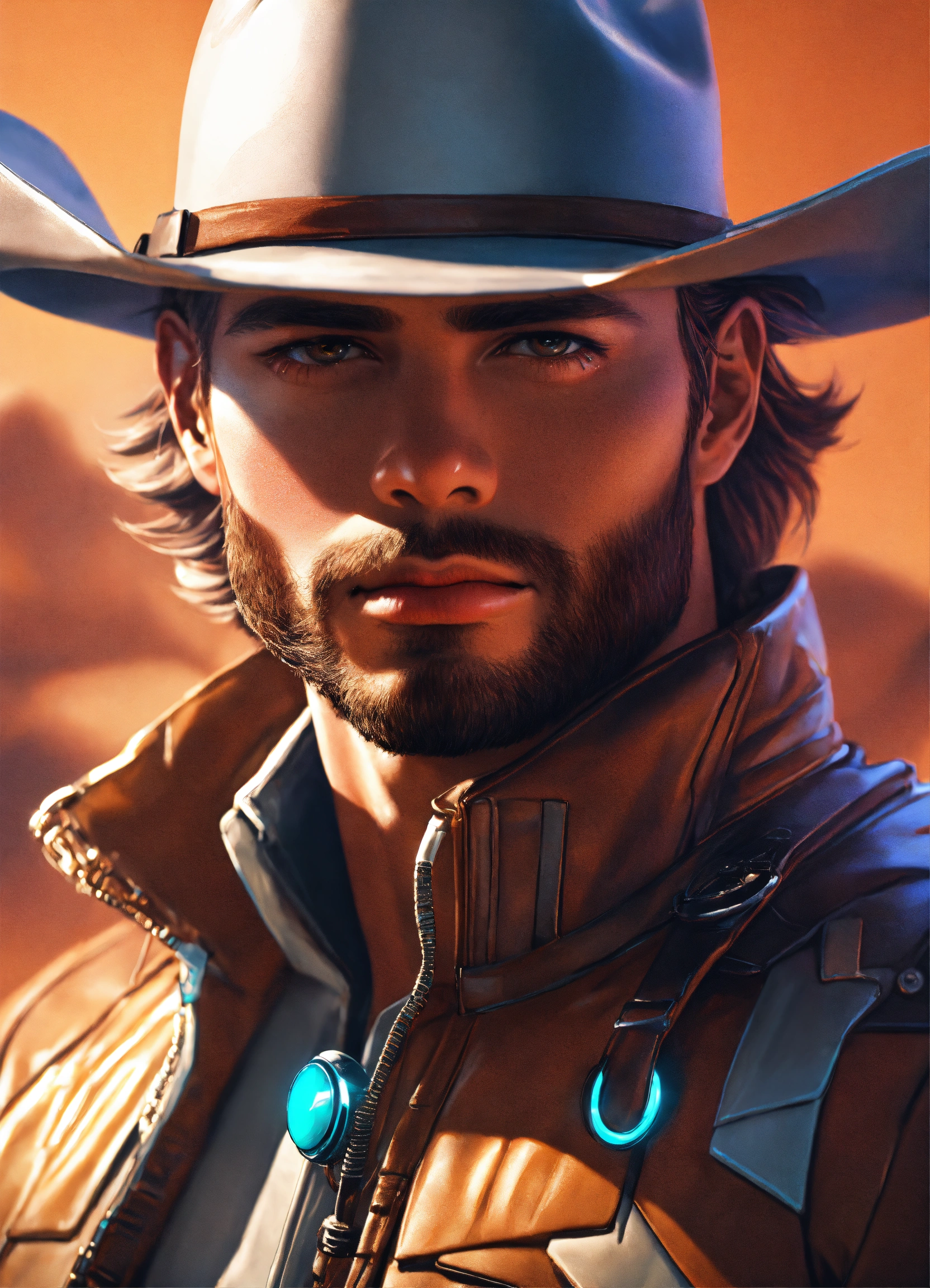 Lexica - Close up of futuristic cowboy, 8k, directly facing the camera ...