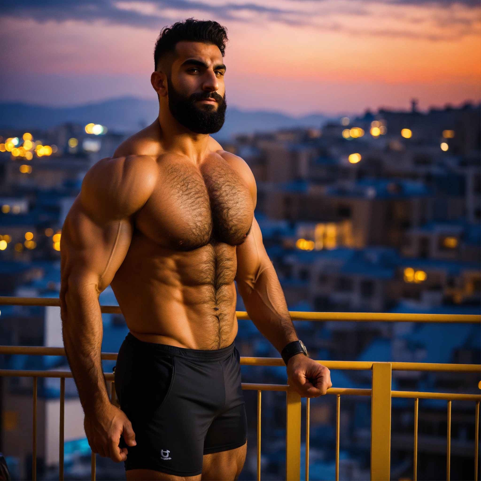 Lexica - 30-year-old hairy Lebanese man with big muscles, big bodybuilder,  body like a wrestler, on a balcony at sunset