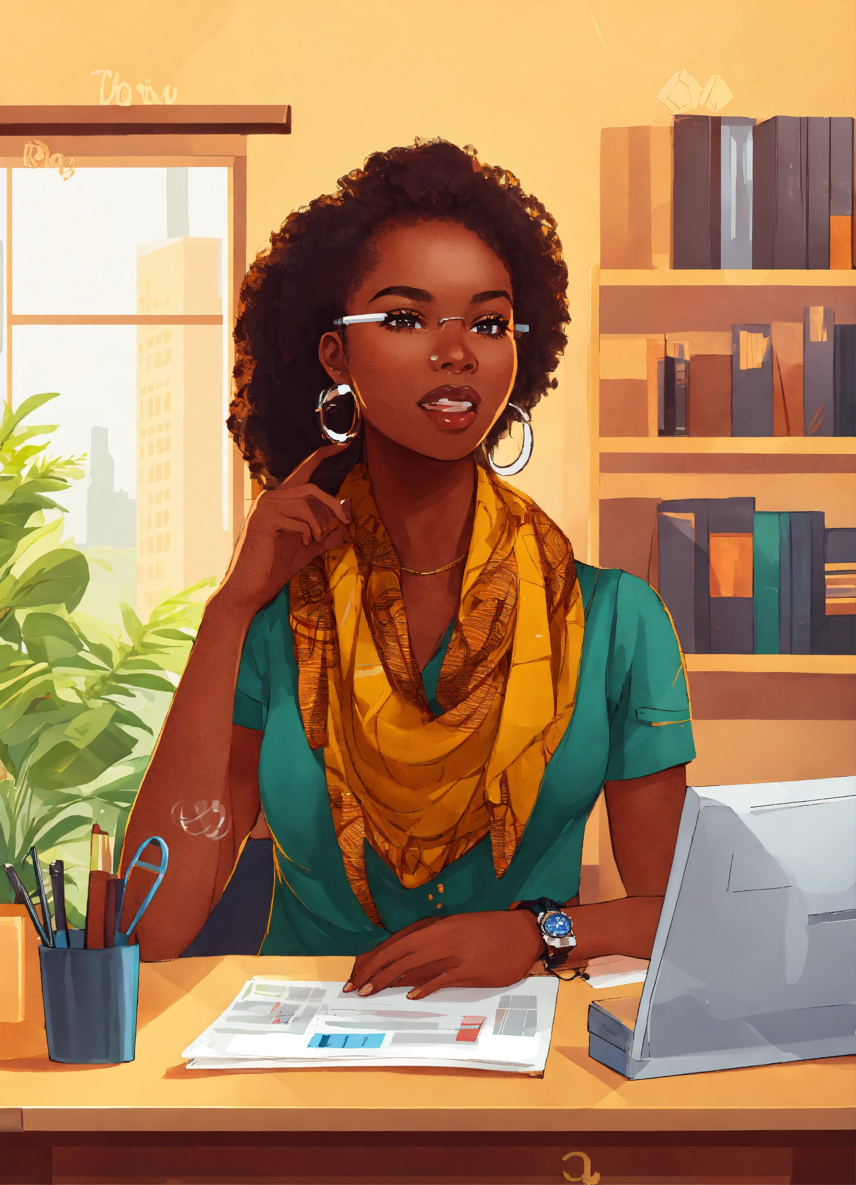 Lexica - African girl stating in office illustration