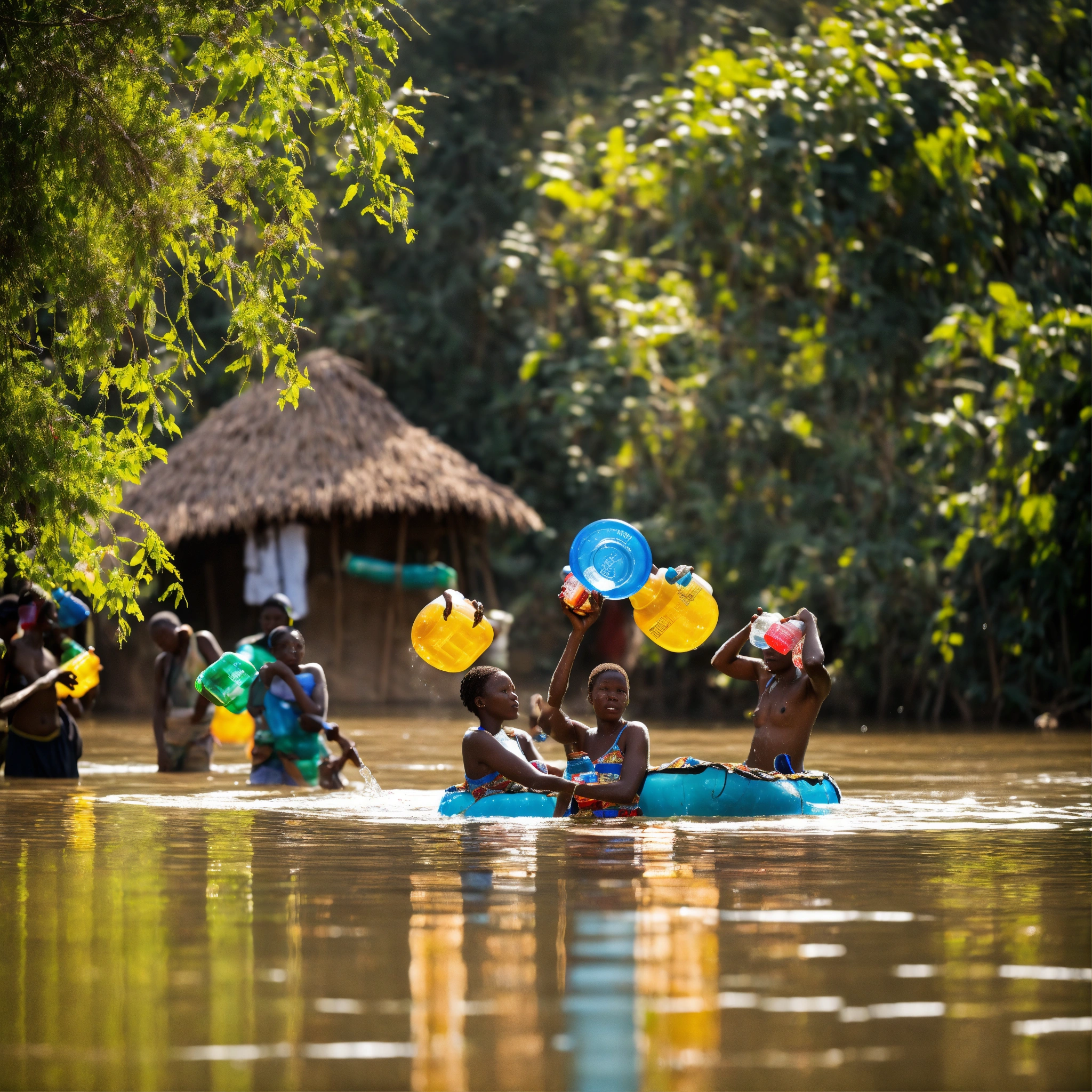 Lexica - African Villagers floating in water using 5l water bottles for ...