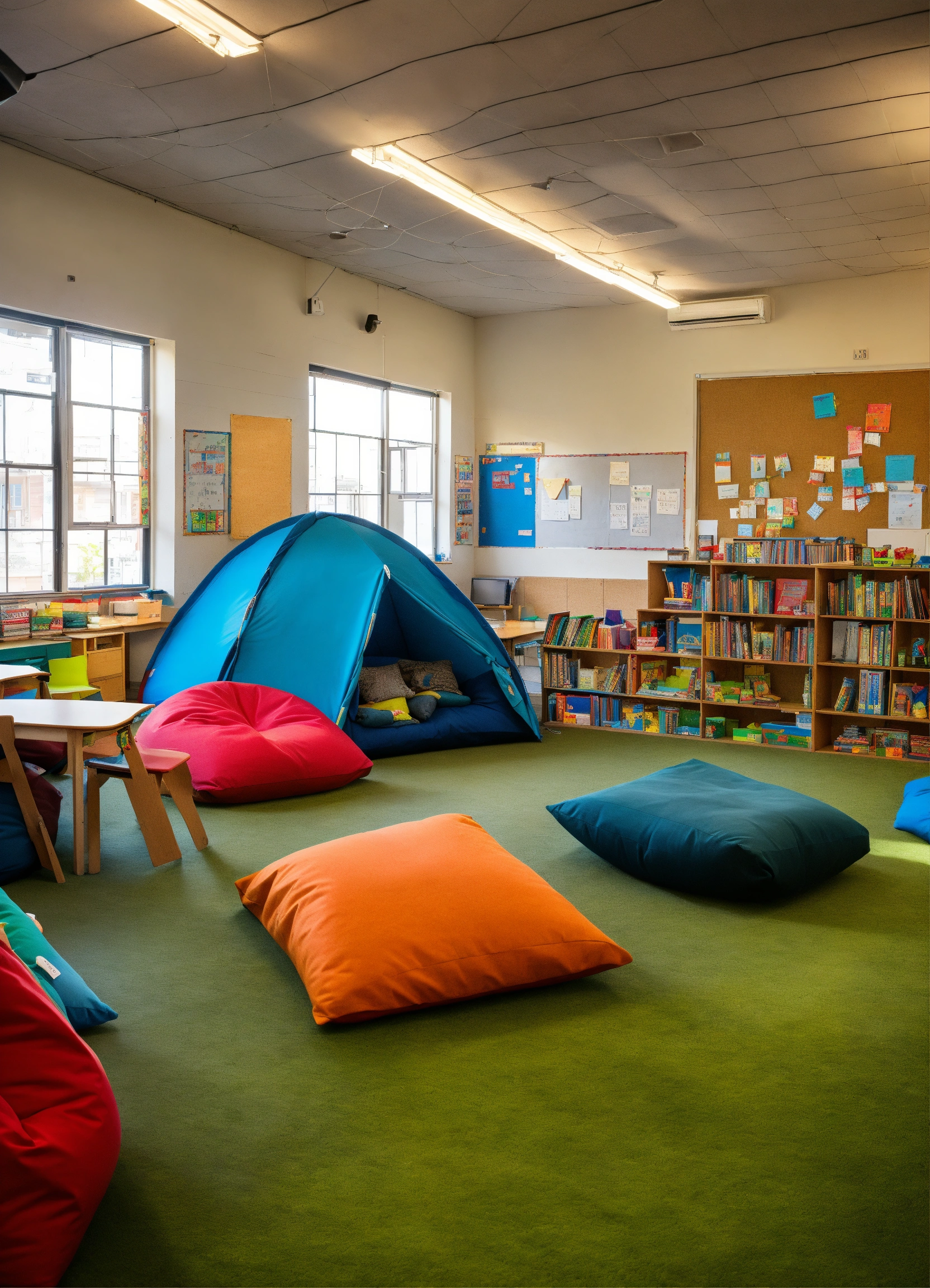 Lexica A classroom with bean bags, a reading nook with sofas, a two