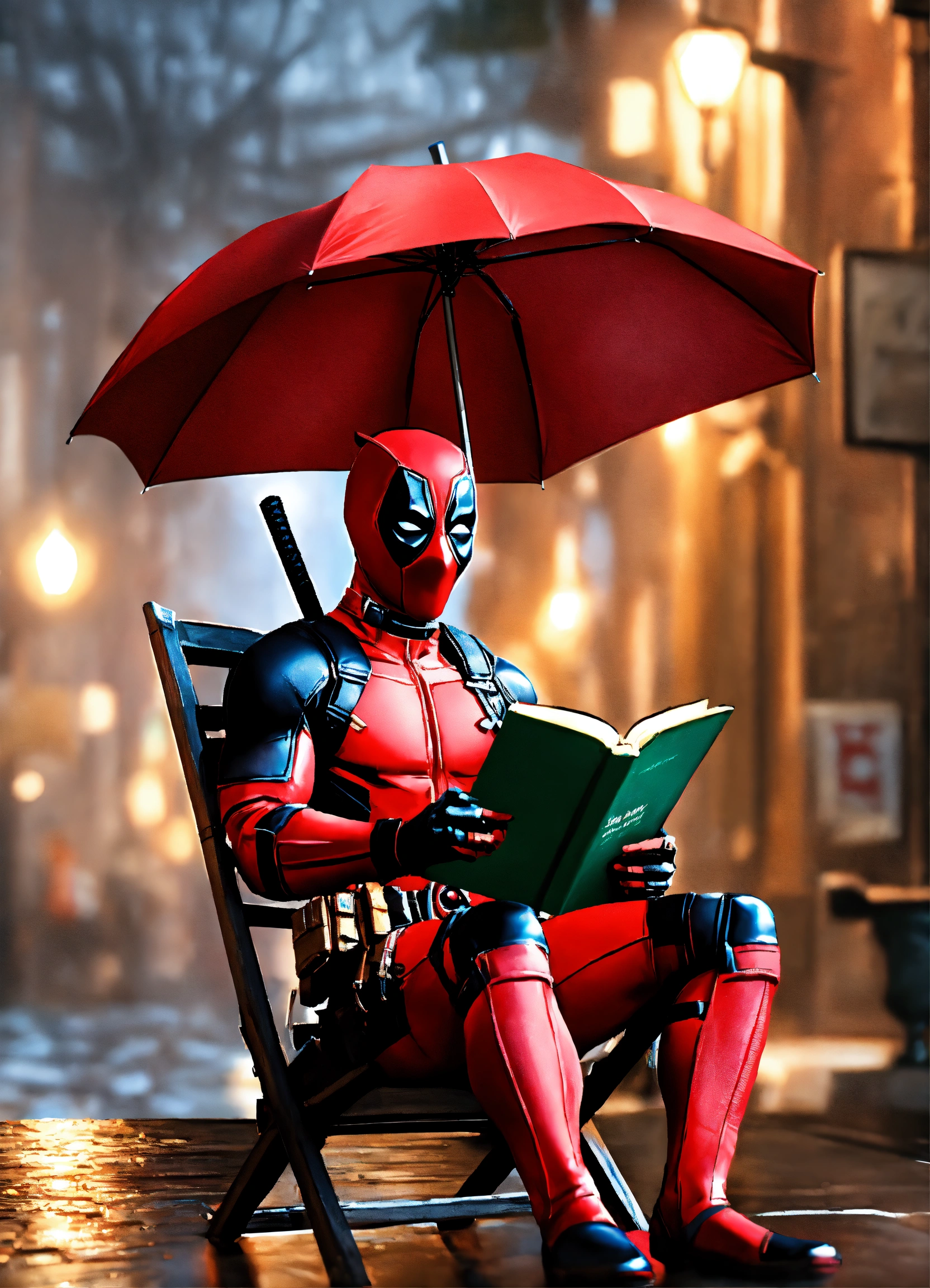 Lexica - Deadpool holding an umbrella reading a book, unreal engine ...