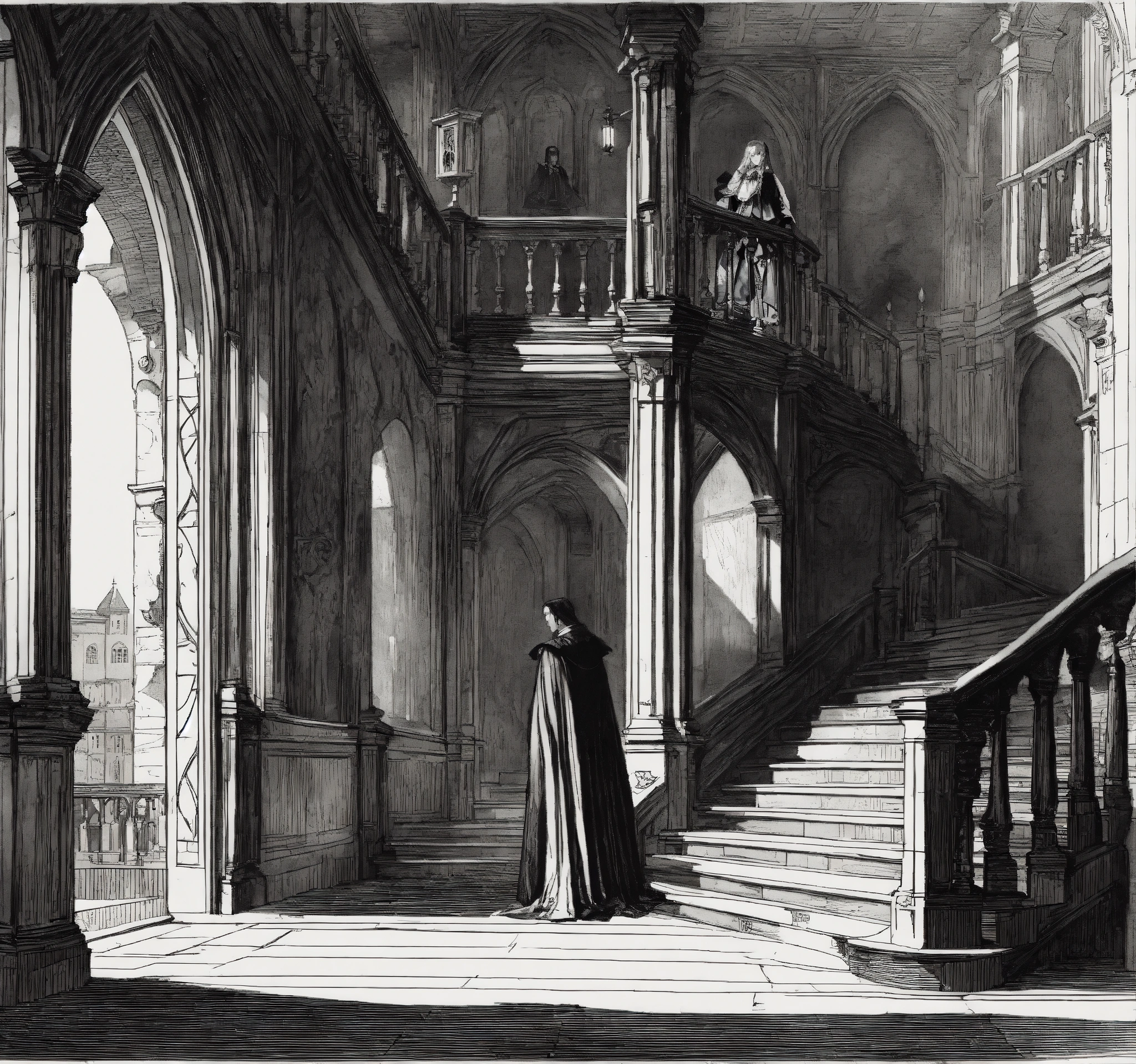Lexica - Line art engraving; count Dracula in an old gothic castle ...