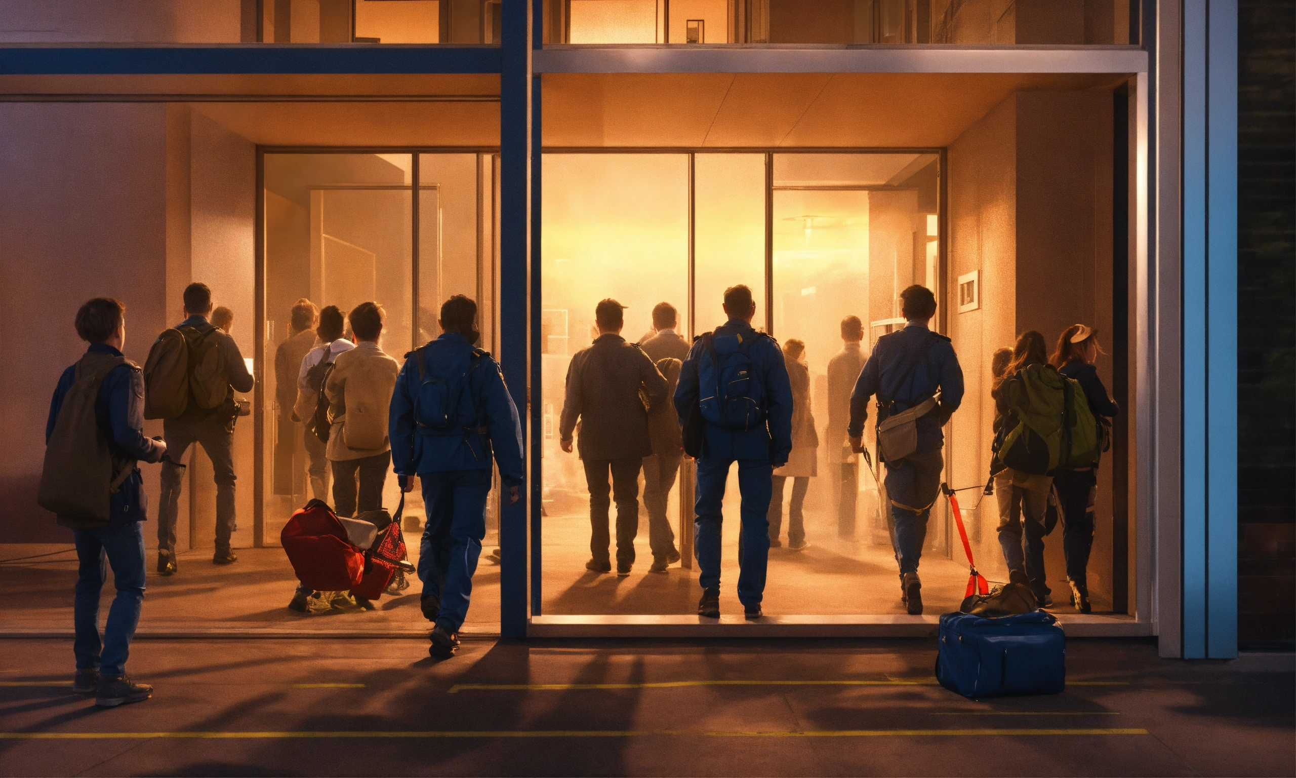 Lexica realistic people safely evacuating from inside a building