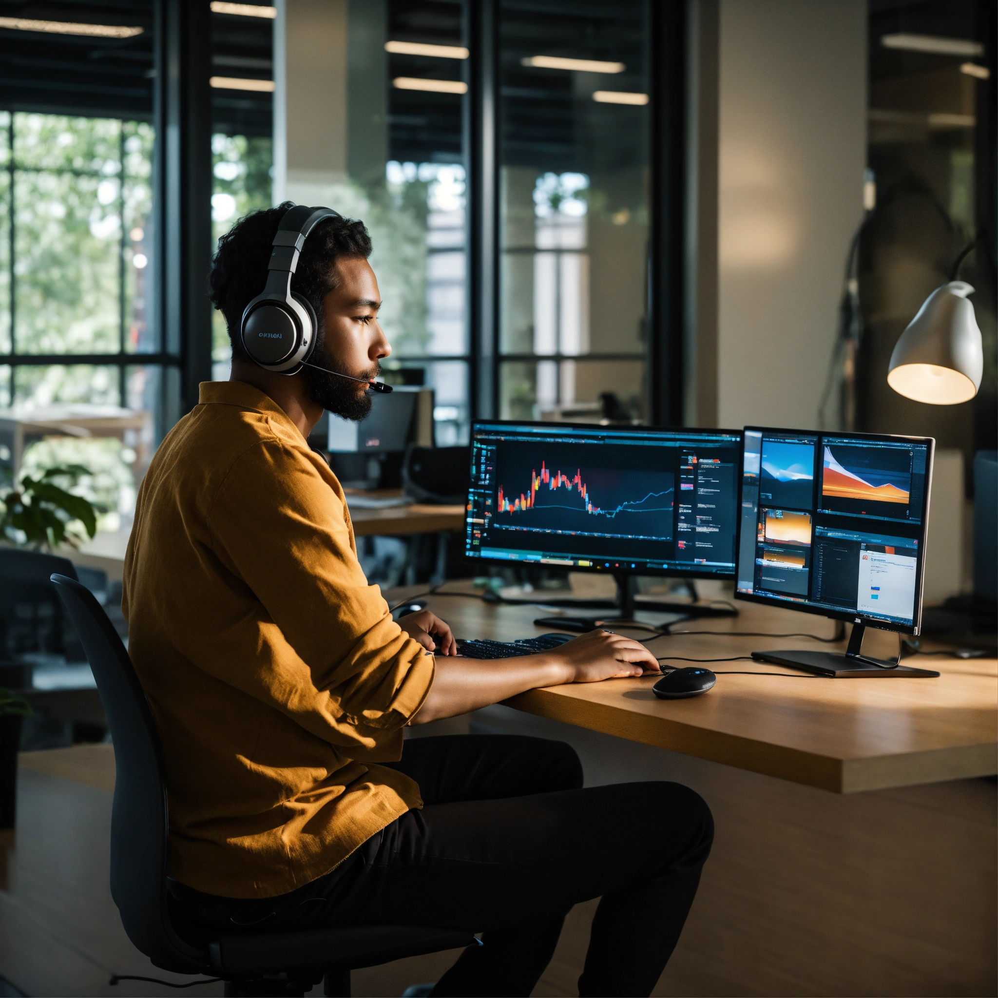 Lexica - A photo of a person sitting at a desk and using a computer ...