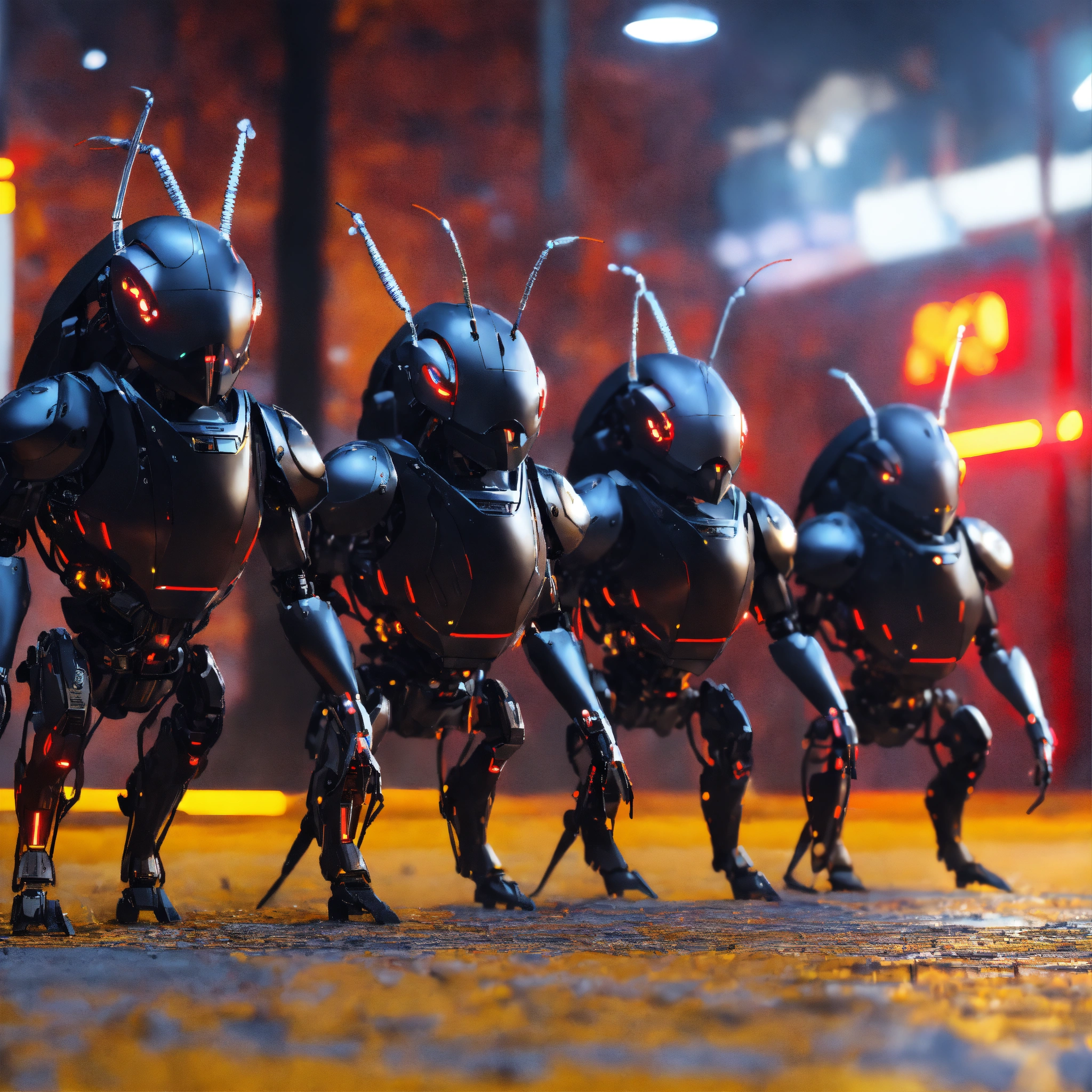 Lexica - Zoom out shot of group of 3 black cockroach faced robotic ...