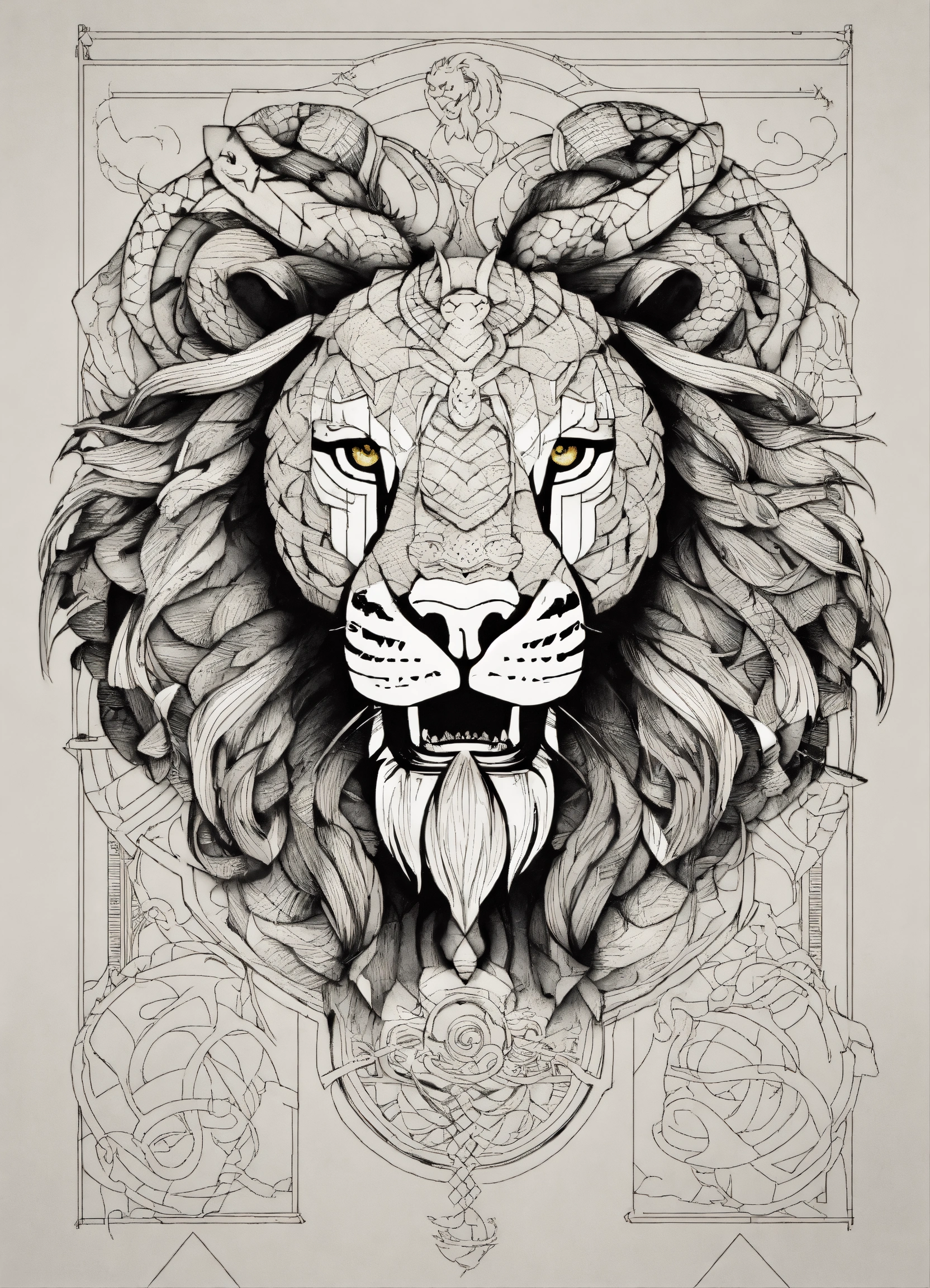 Lexica - Line work style, snake body, lion head, viking runes