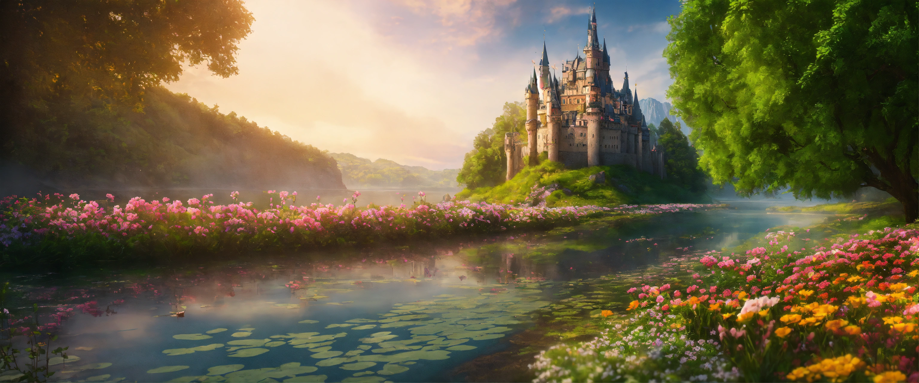 Lexica - A fantasy dream land landscape with a river and flowers along ...